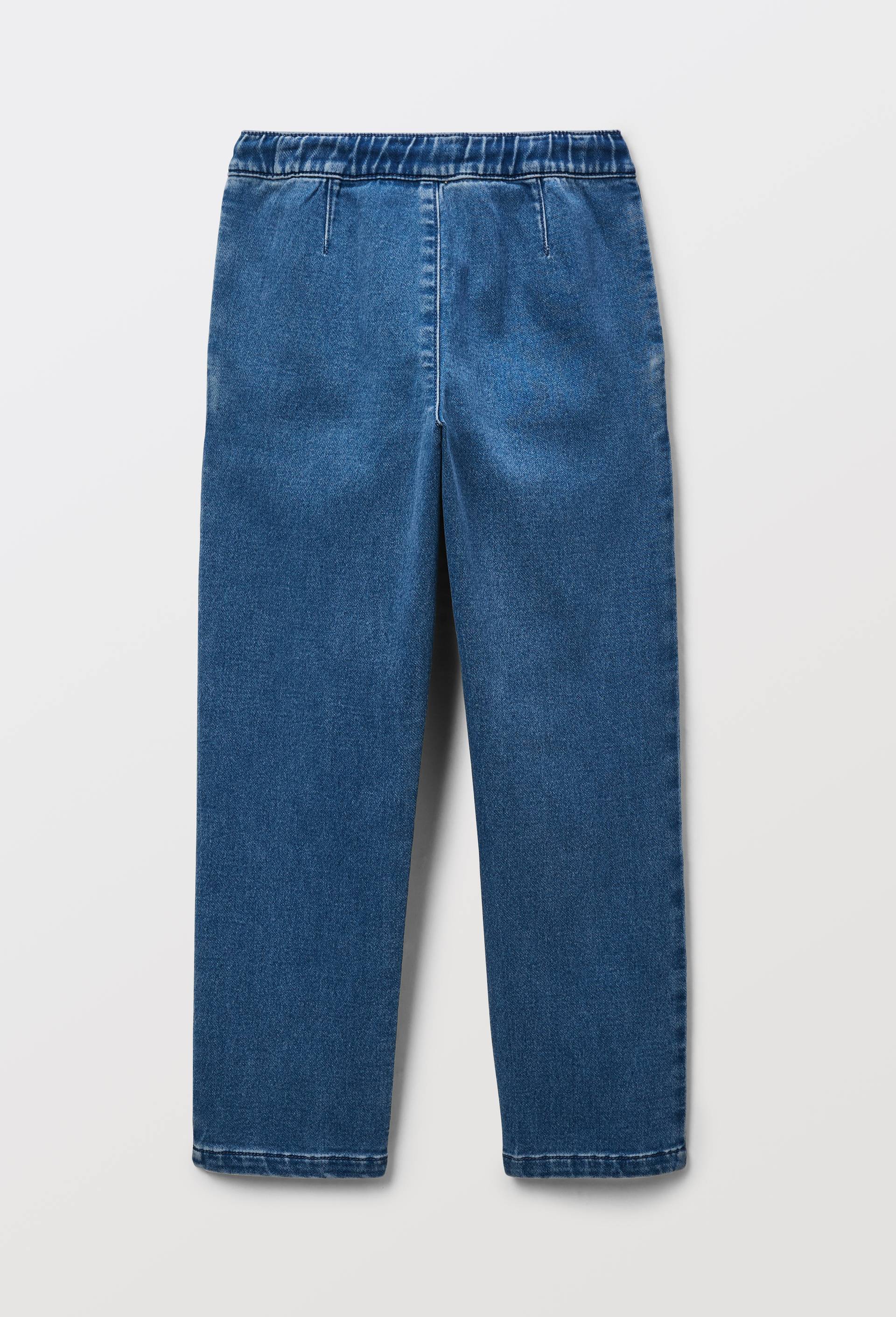 Pantalon droit taille &eacute;lastiqu&eacute;e en maille confort effet denim contenant du coton, Bleu fonc&eacute;, large image number 4