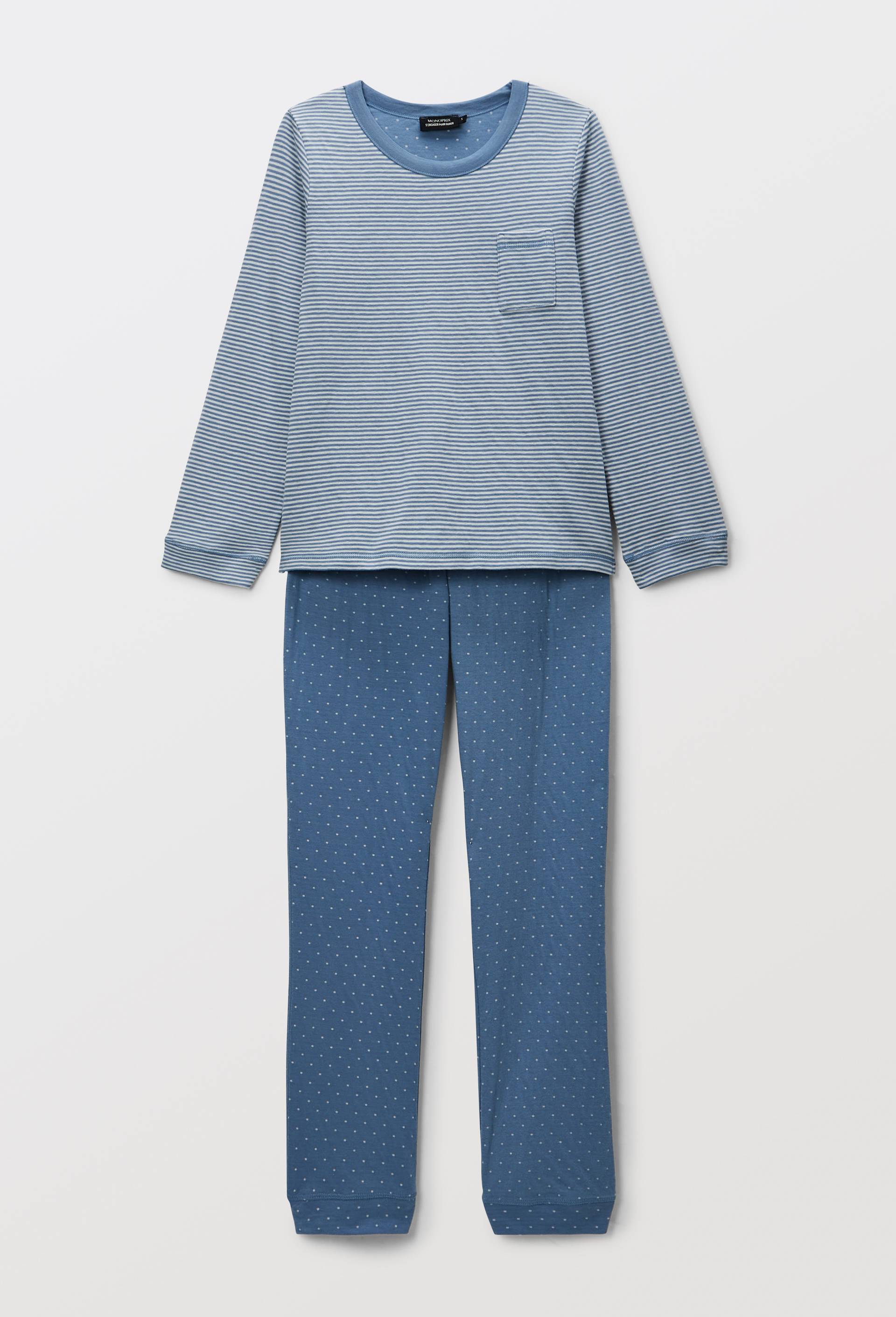 Pyjama long à rayures et pois en coton BIO GOTS BLEU pour femme
