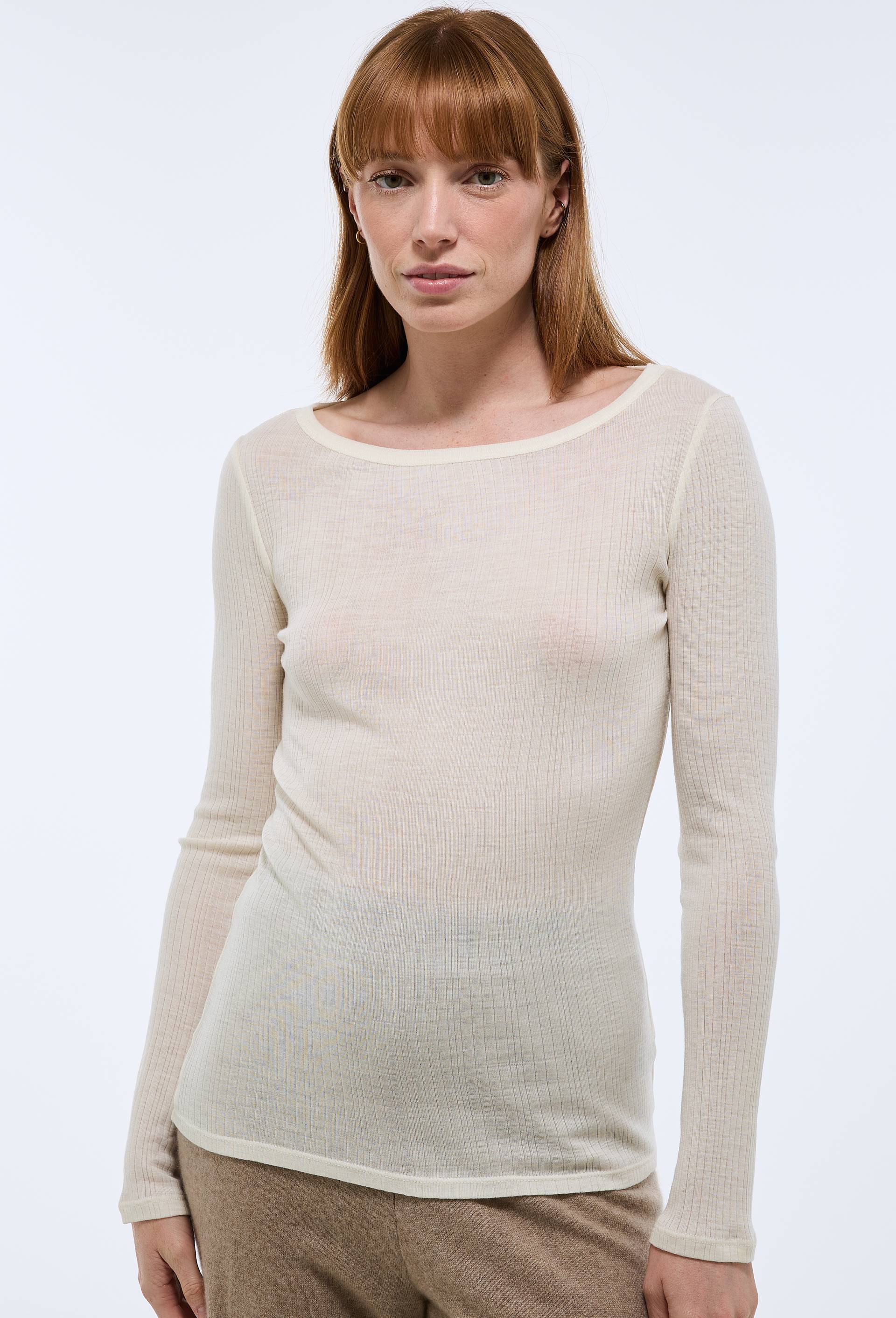 T-shirt manches longues en laine m&eacute;rinos et soie, Ecru, swatch image