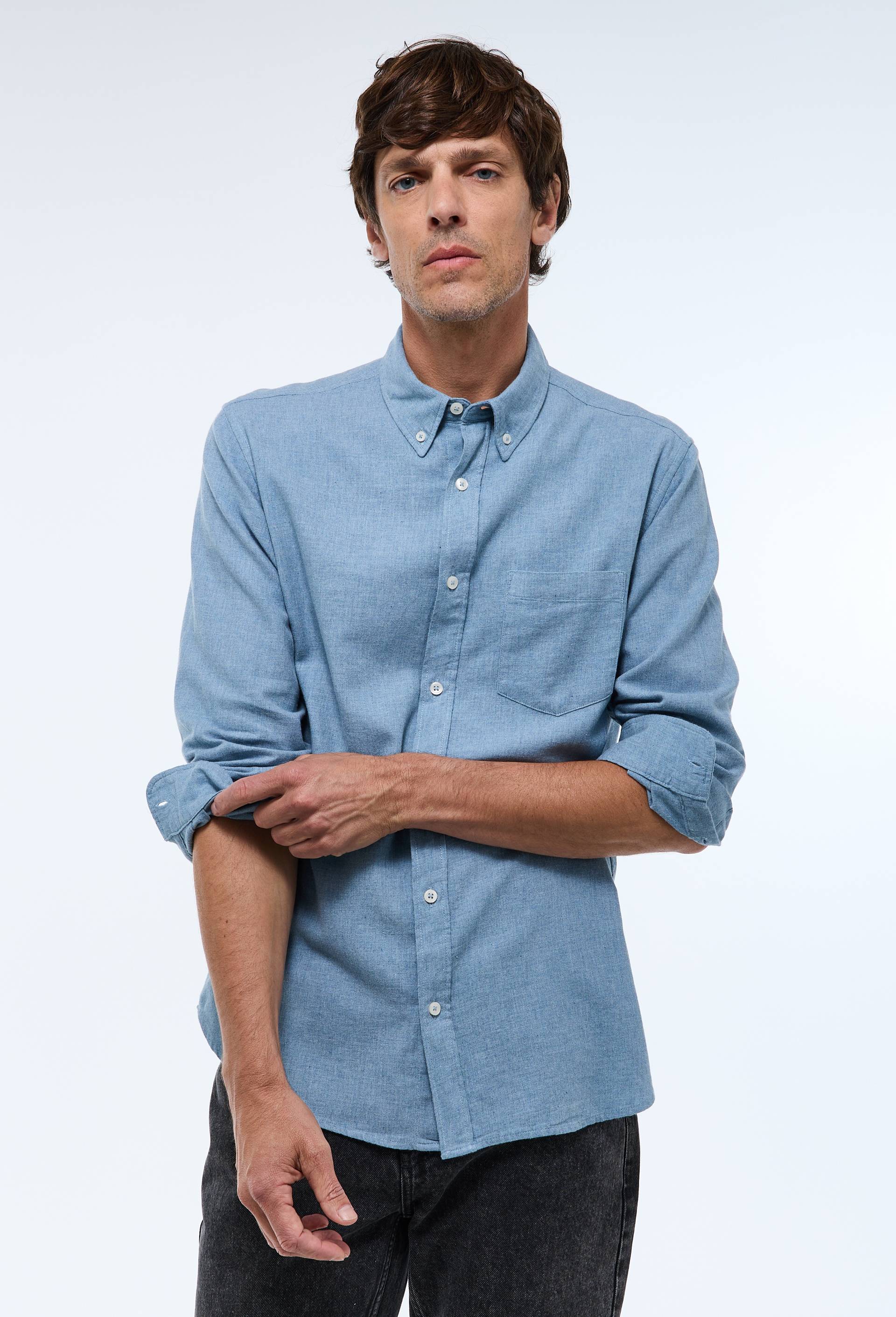 Chemise manches longues en flanelle de coton BIO GOTS, Bleu, large image number 0