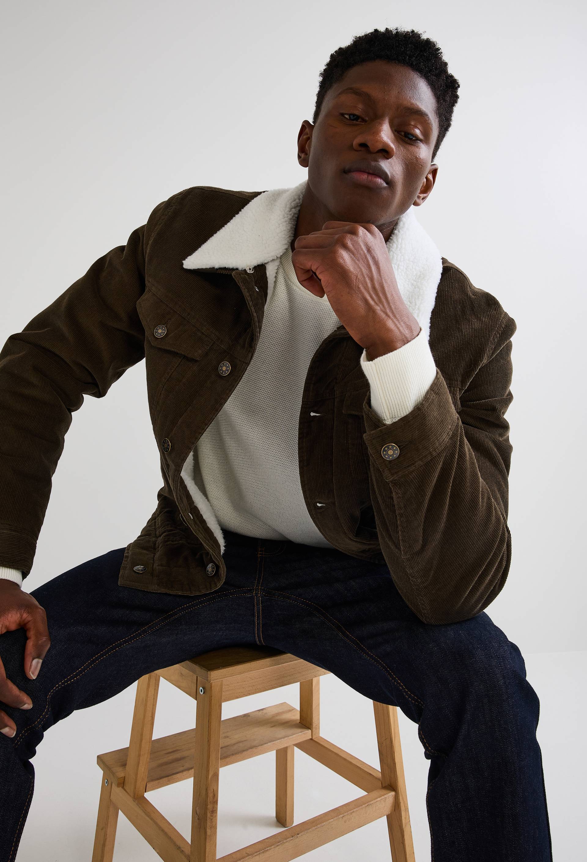 Veste col sherpa en velours de coton, Brun foncé, swatch image