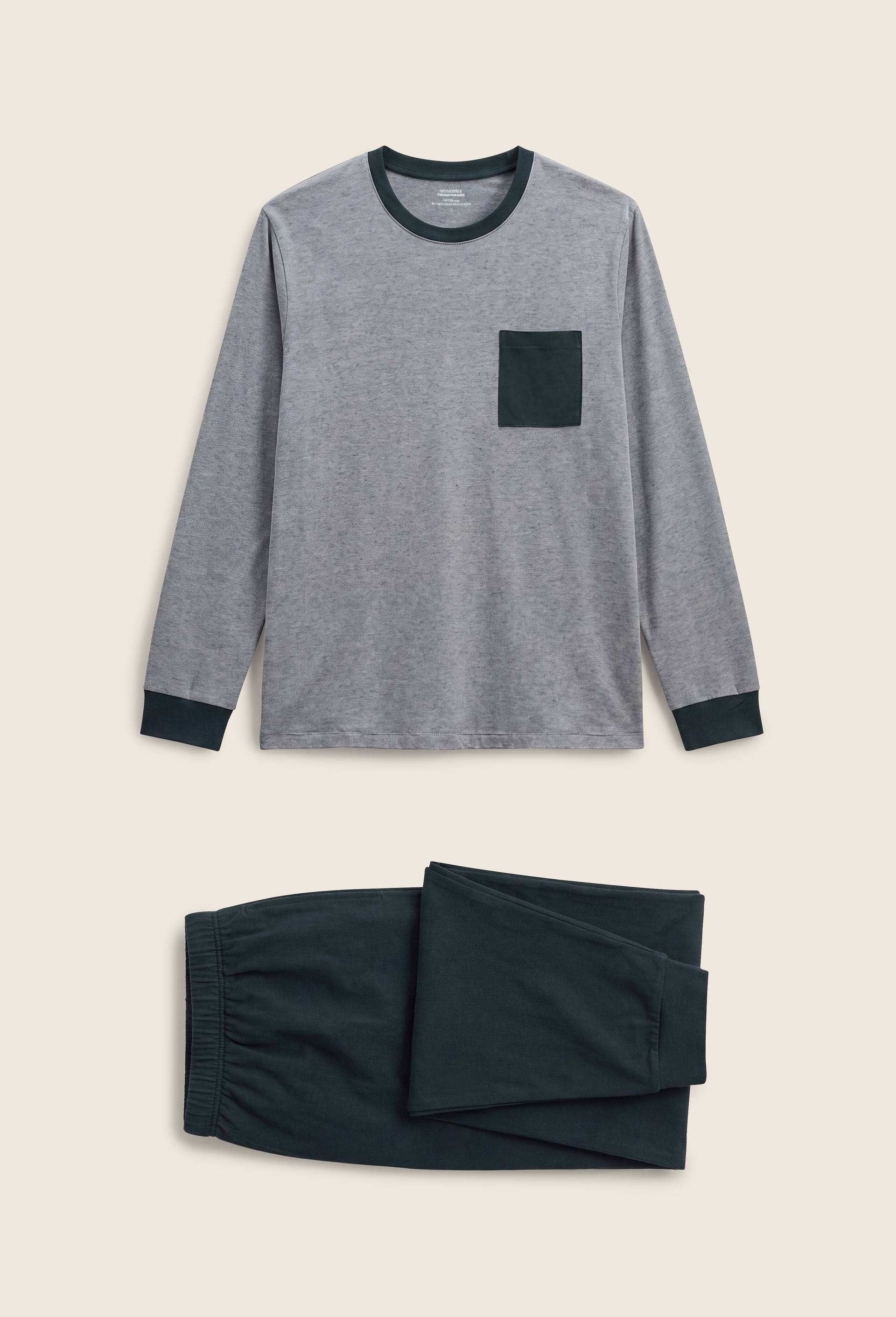 Pyjama T-shirt manches longues  milleraies et pantalon en jersey de coton BIO GOTS, Vert fonc&eacute;, swatch image