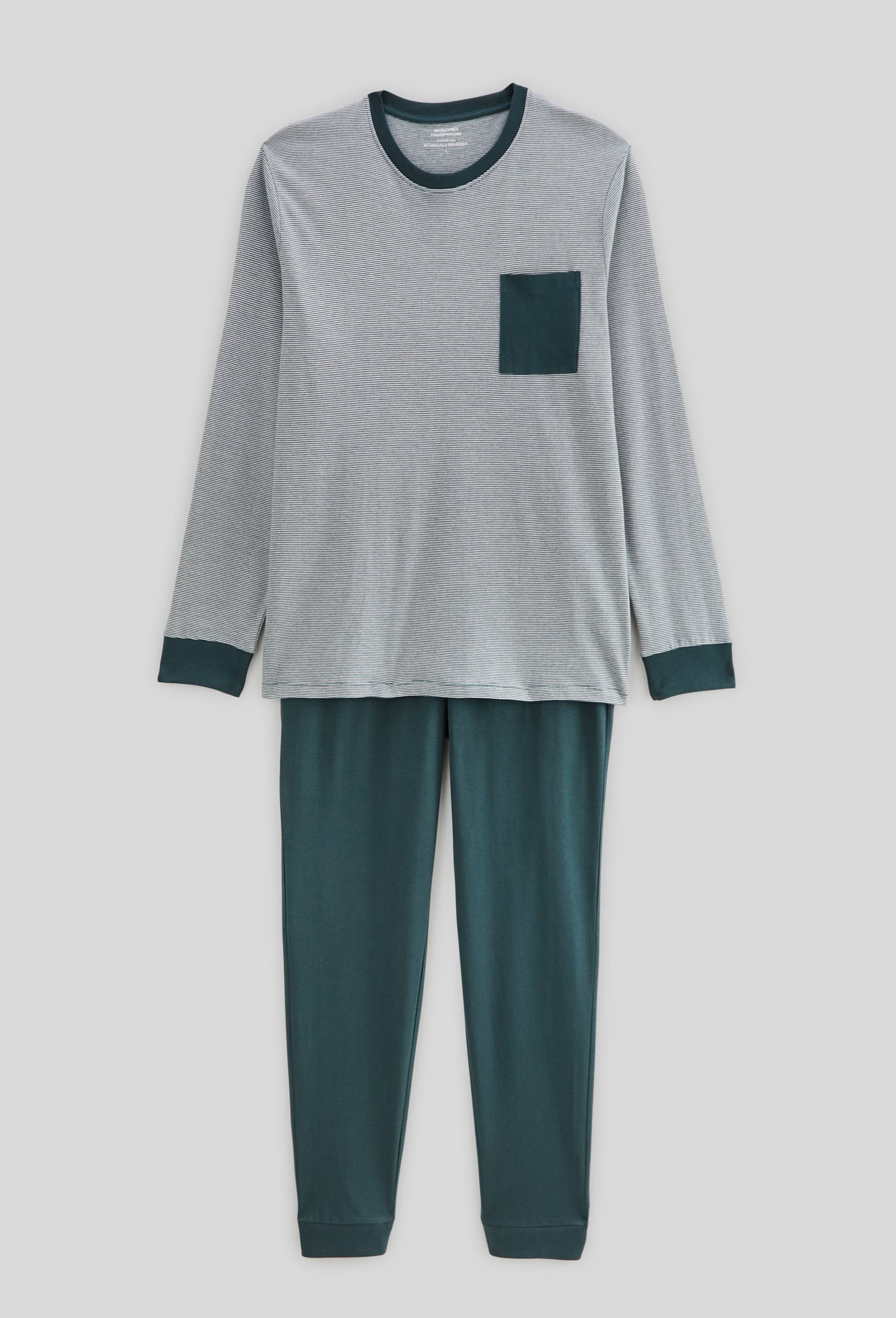 Pyjama T-shirt manches longues  milleraies et pantalon en jersey de coton BIO GOTS, Vert foncé, swatch image