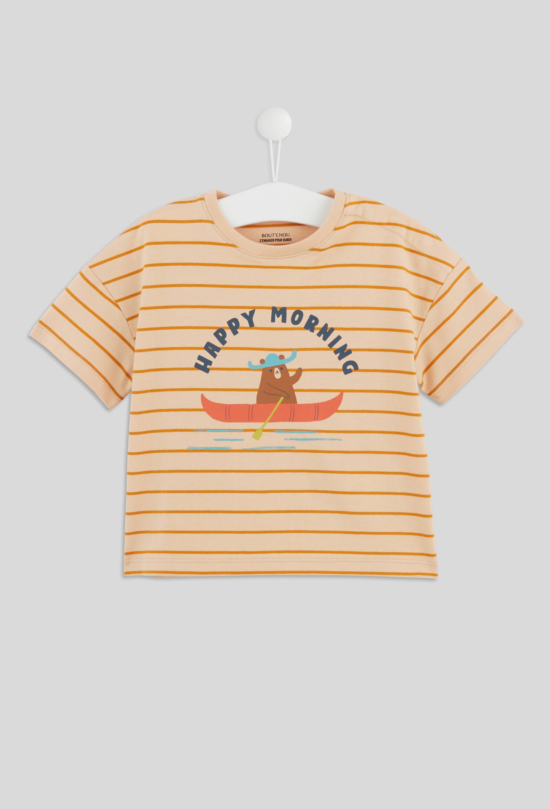 T-shirt manches courtes col rond ray&eacute; et imprim&eacute; en coton BIO, certifi&eacute; OEKO-TEX, Beige, large image number 0
