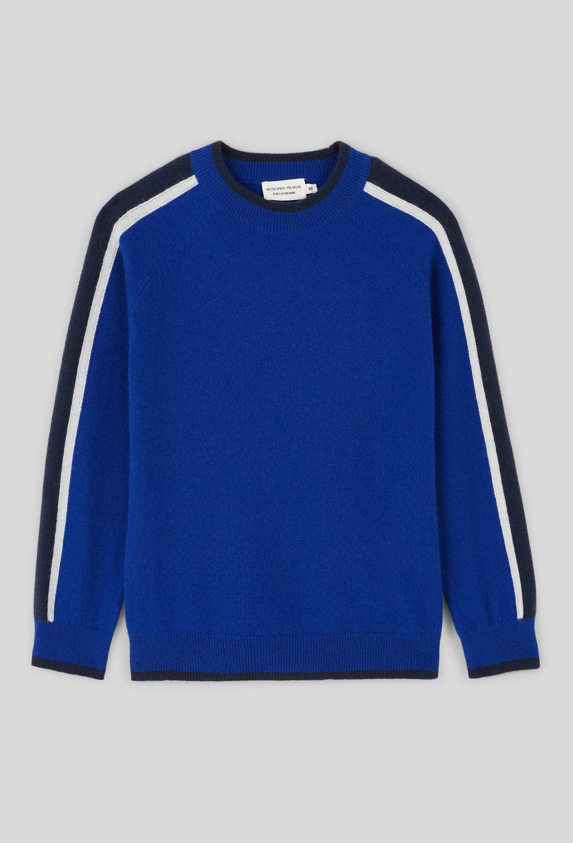 Pull uni en 100% cachemire avec d&eacute;tails sur les manches, Bleu, large image number 1