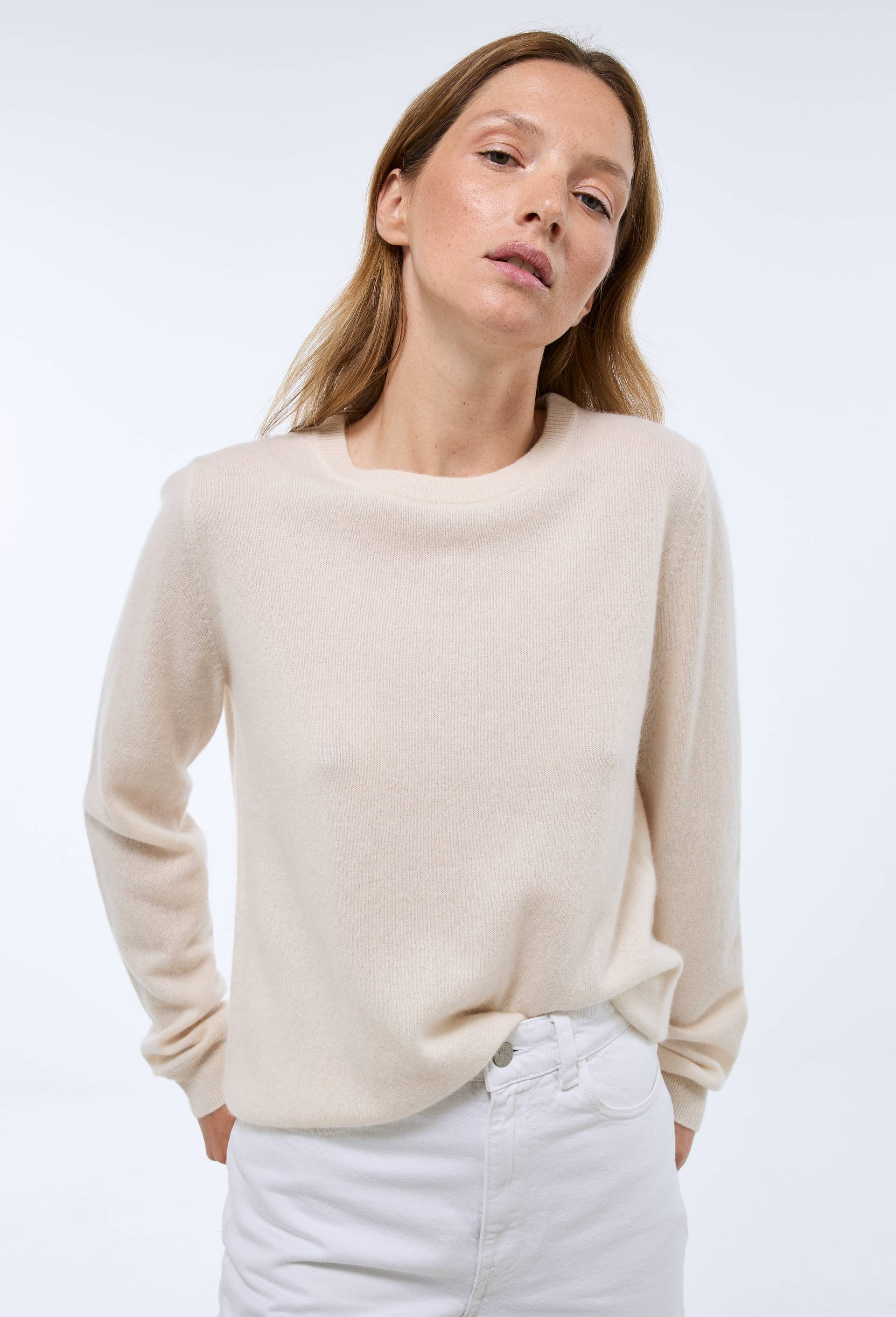 Pull uni col rond en 100% cachemire, Ecru, large image number 0