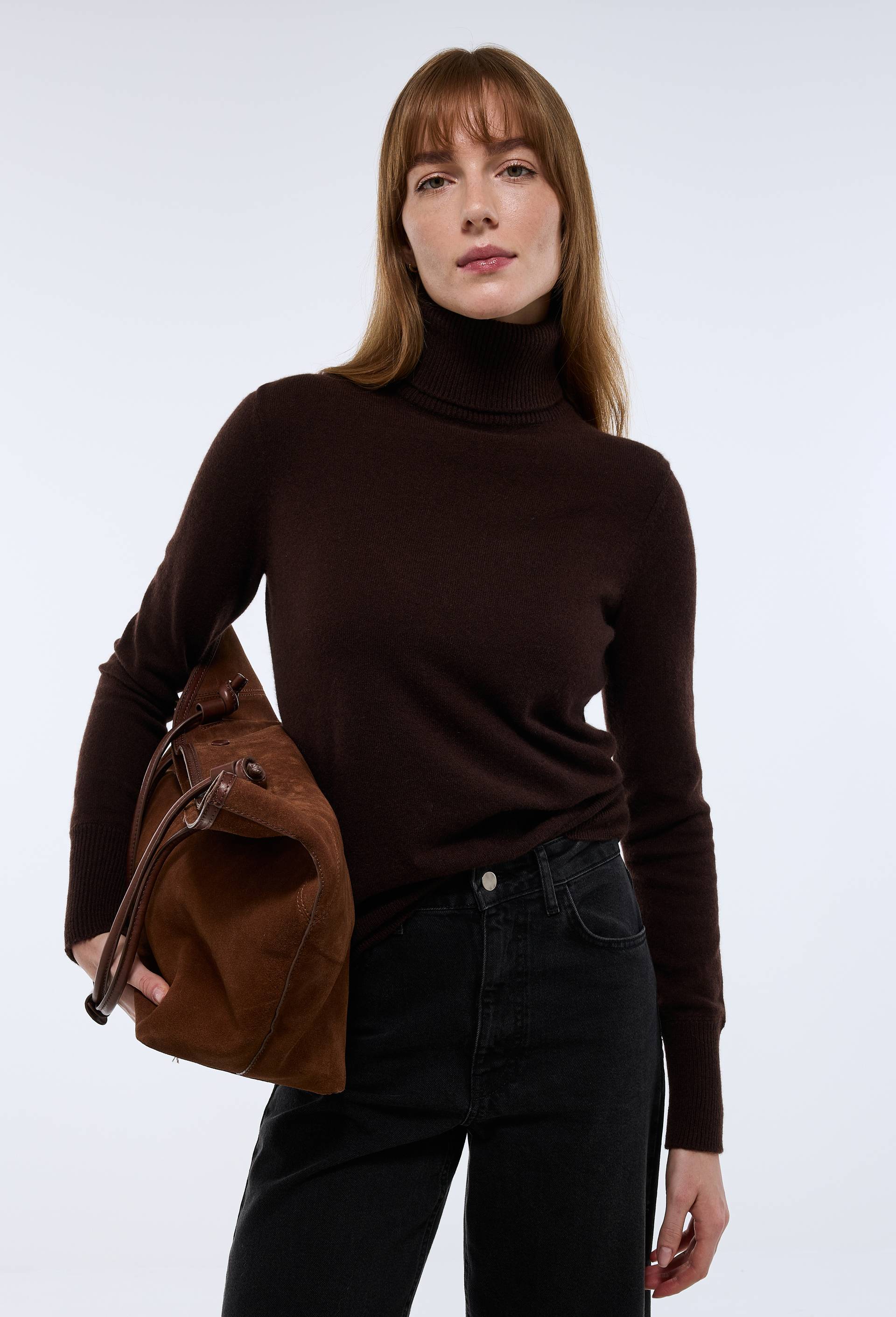 Pull uni col roul&eacute; en 100% cachemire, Brun clair, swatch image