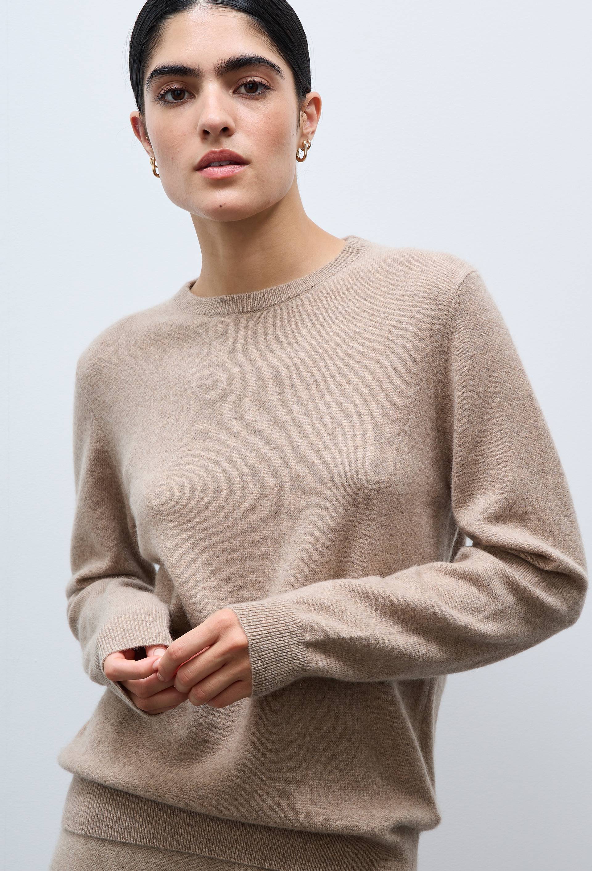Pull uni col rond en 100% cachemire, Beige, swatch image