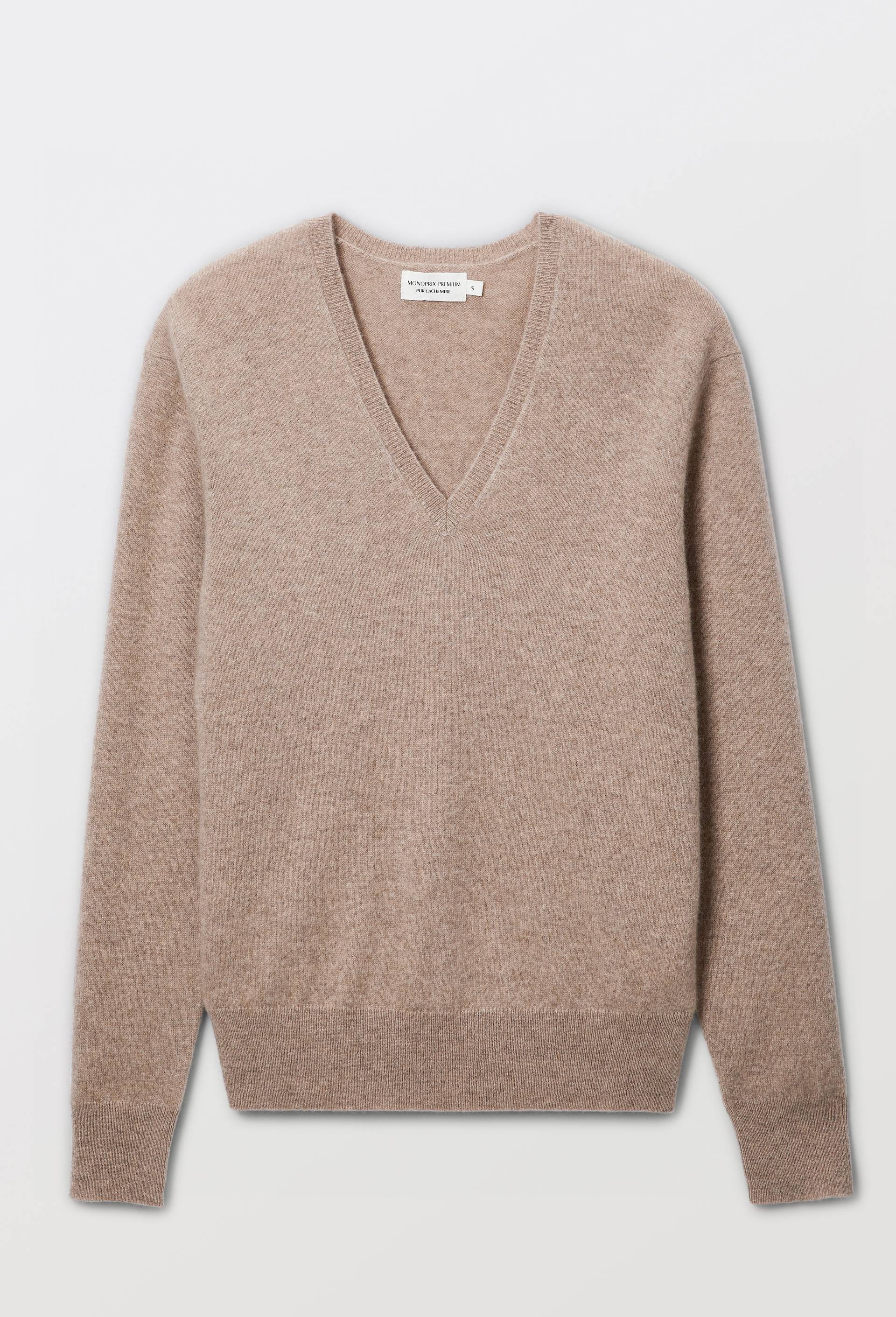 Pull uni col V en 100% cachemire, Beige, large image number 3.0