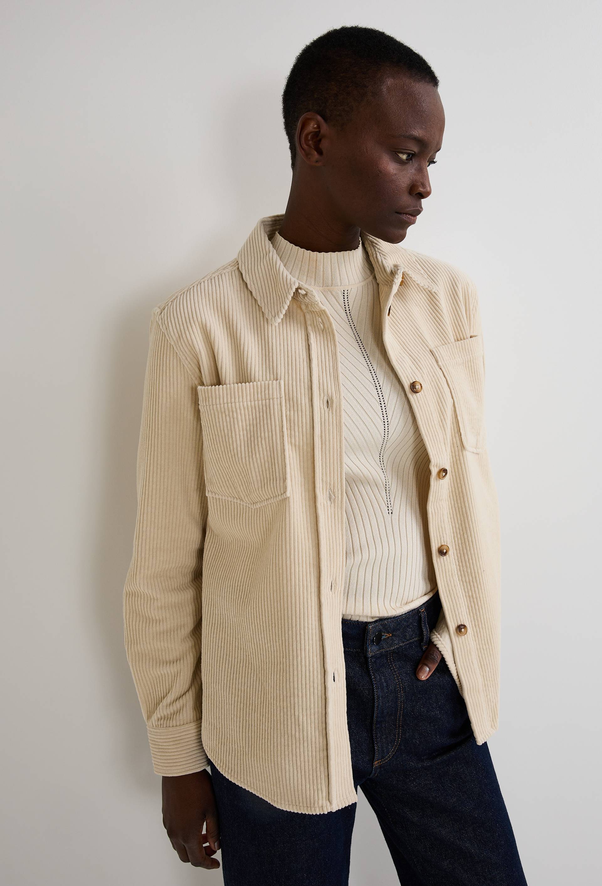 Chemise manches longues en velours en coton BIO GOTS, Beige clair, swatch image