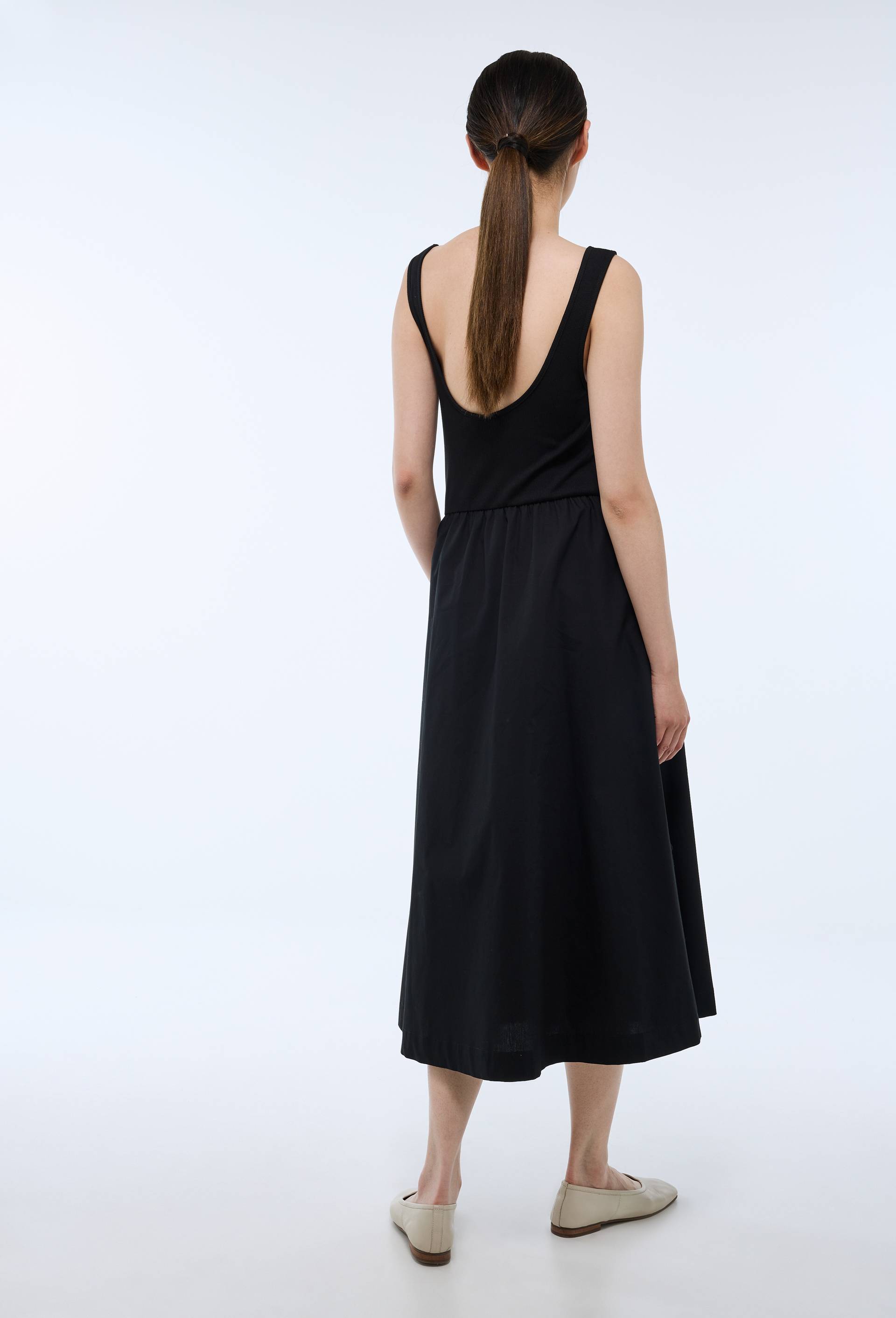 Robe longue bi-mati&egrave;re unie en coton, Noir, large image number 1