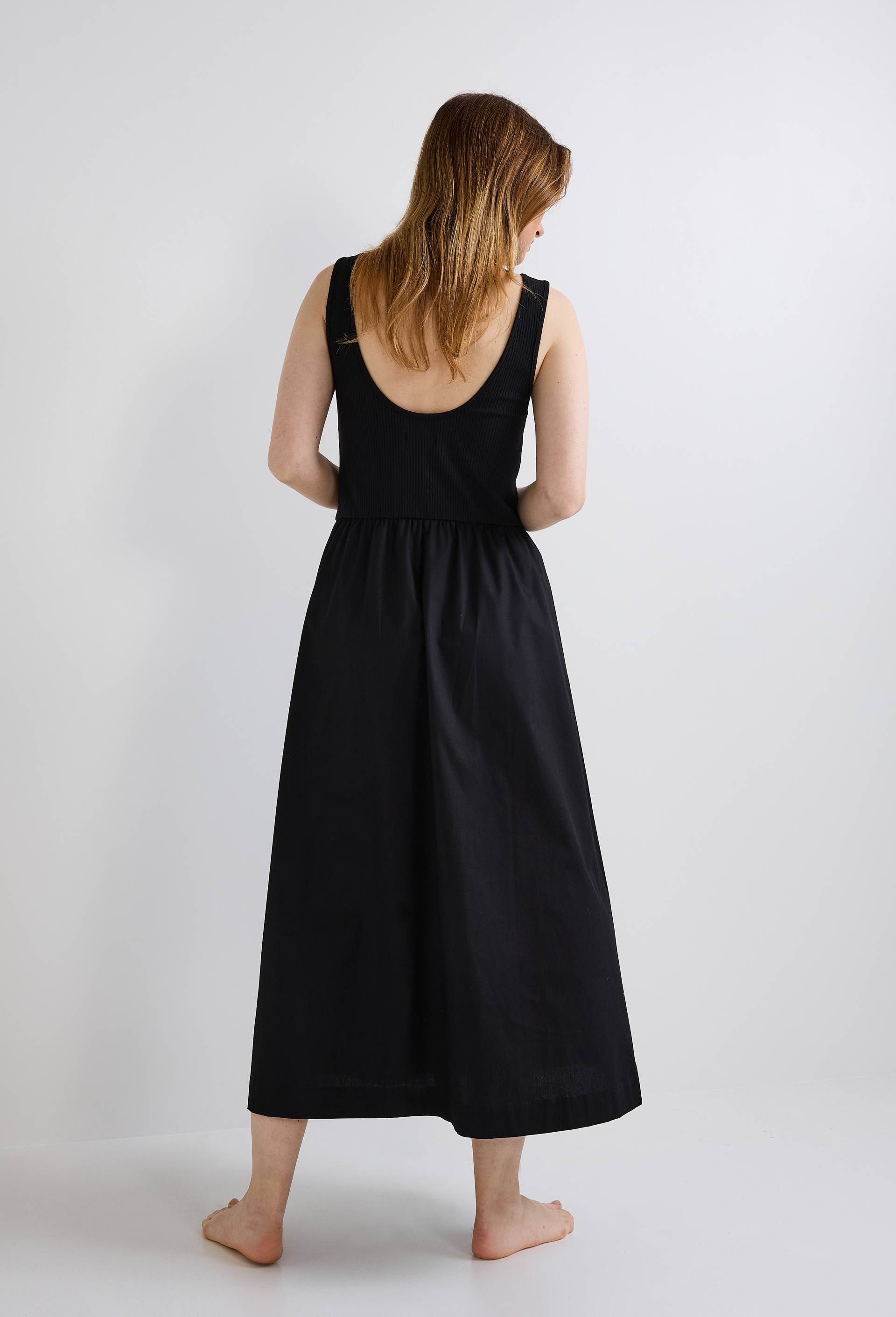 Robe longue bi-mati&egrave;re unie en coton, Noir, large image number 3