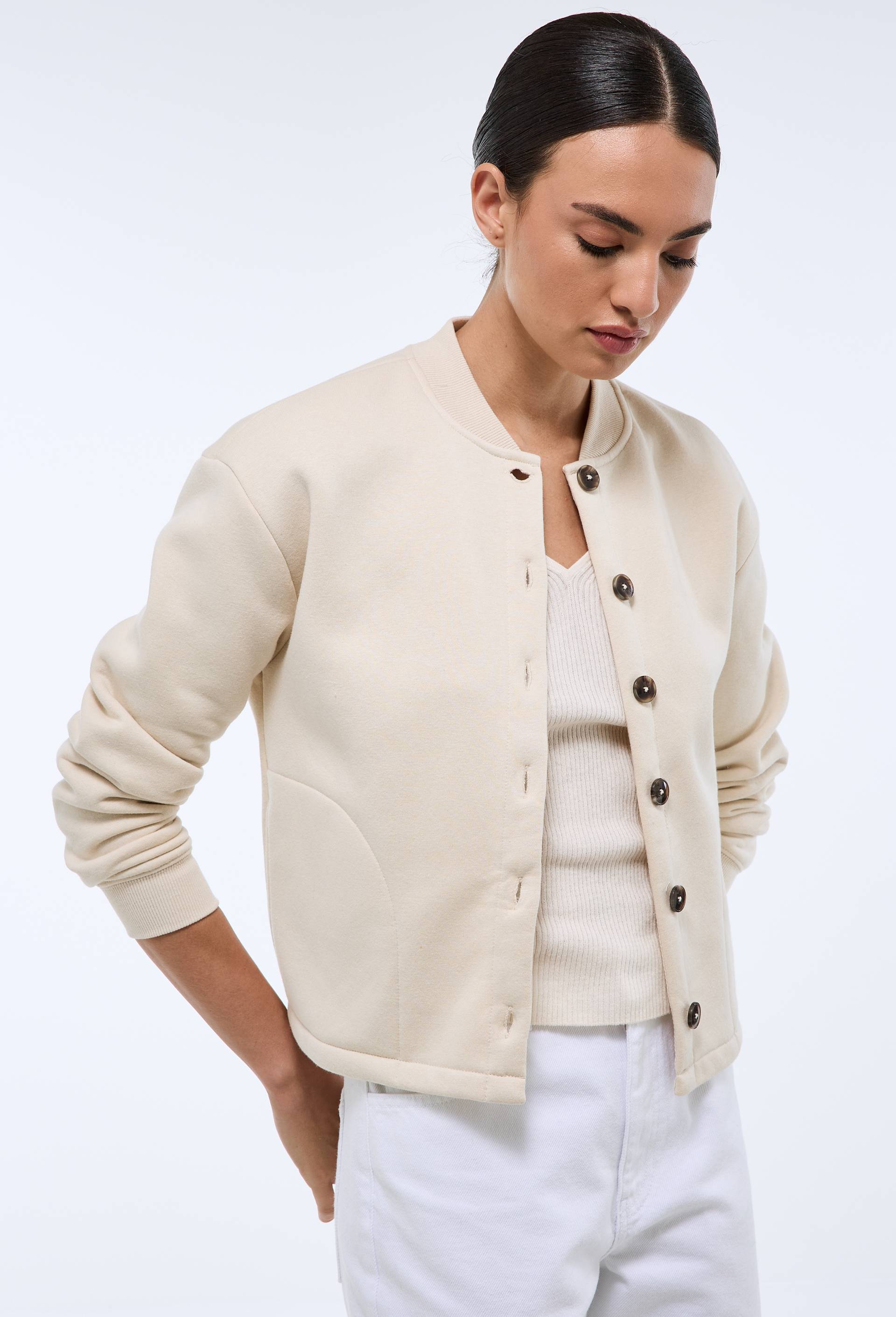 Cardigan boutonn&eacute; en molleton, Ecru, large image number 0.0