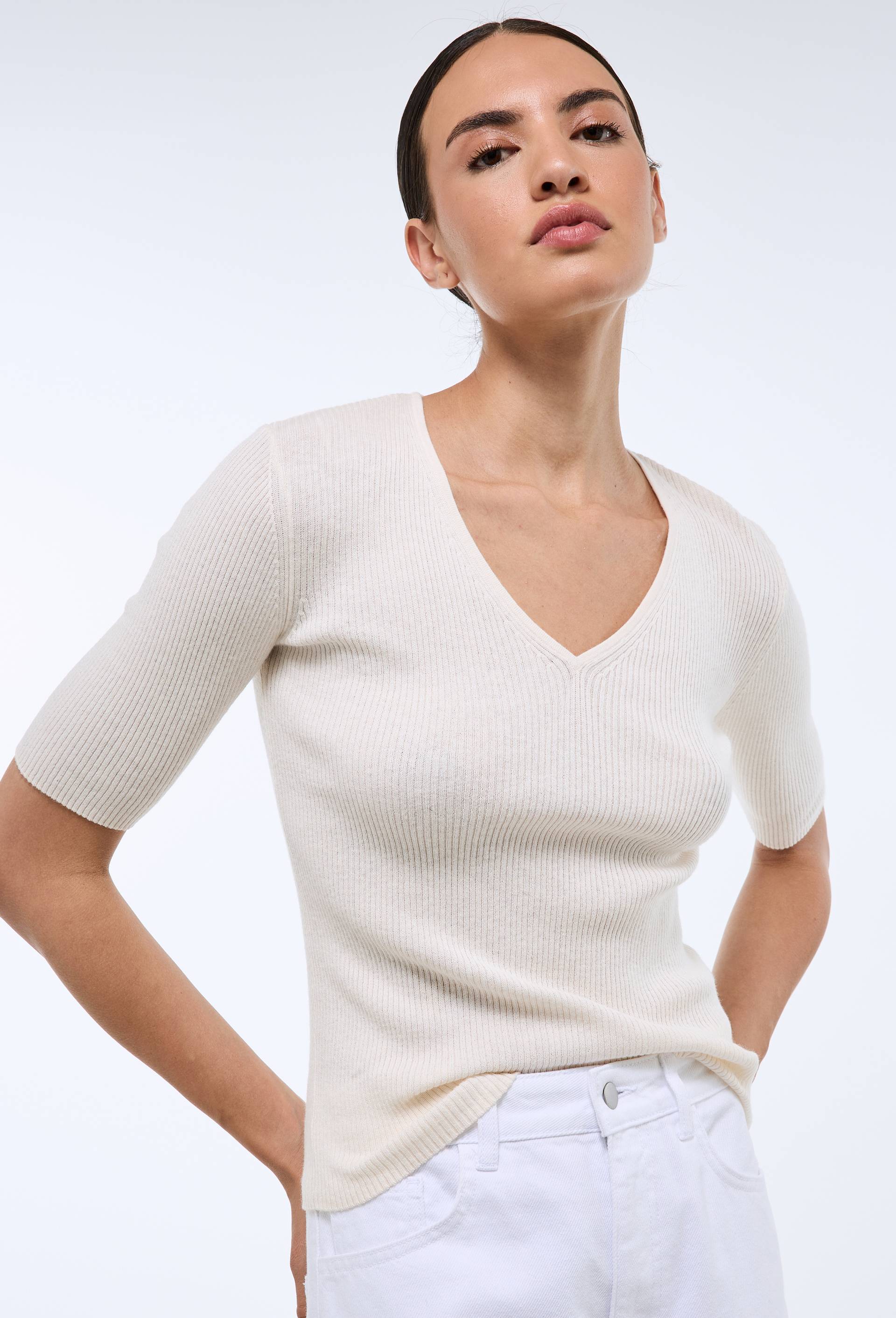 Pull manches coude &agrave; c&ocirc;tes en coton et cachemire, Beige clair, swatch image