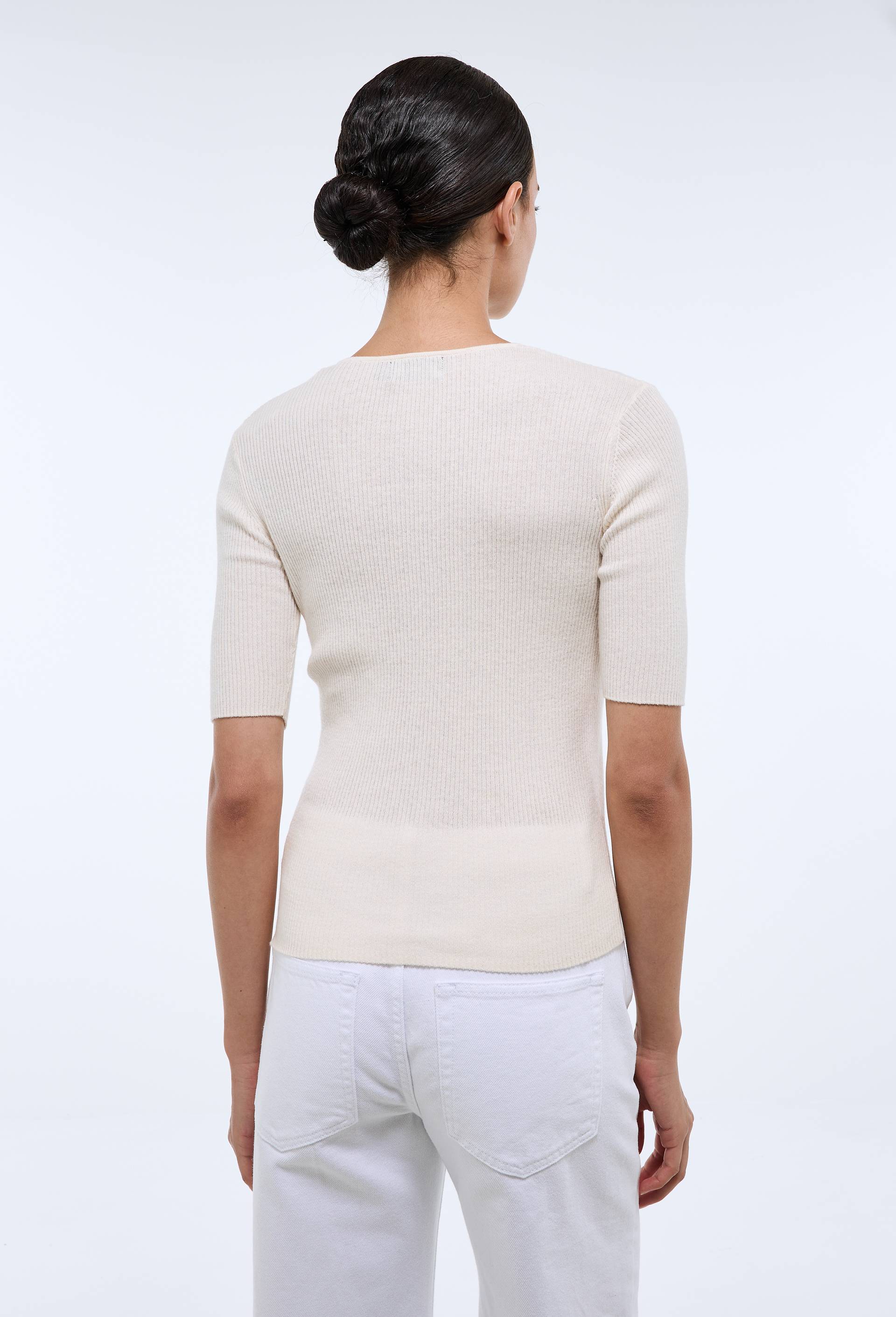 Pull manches coude &agrave; c&ocirc;tes en coton et cachemire, Beige clair, large image number 1