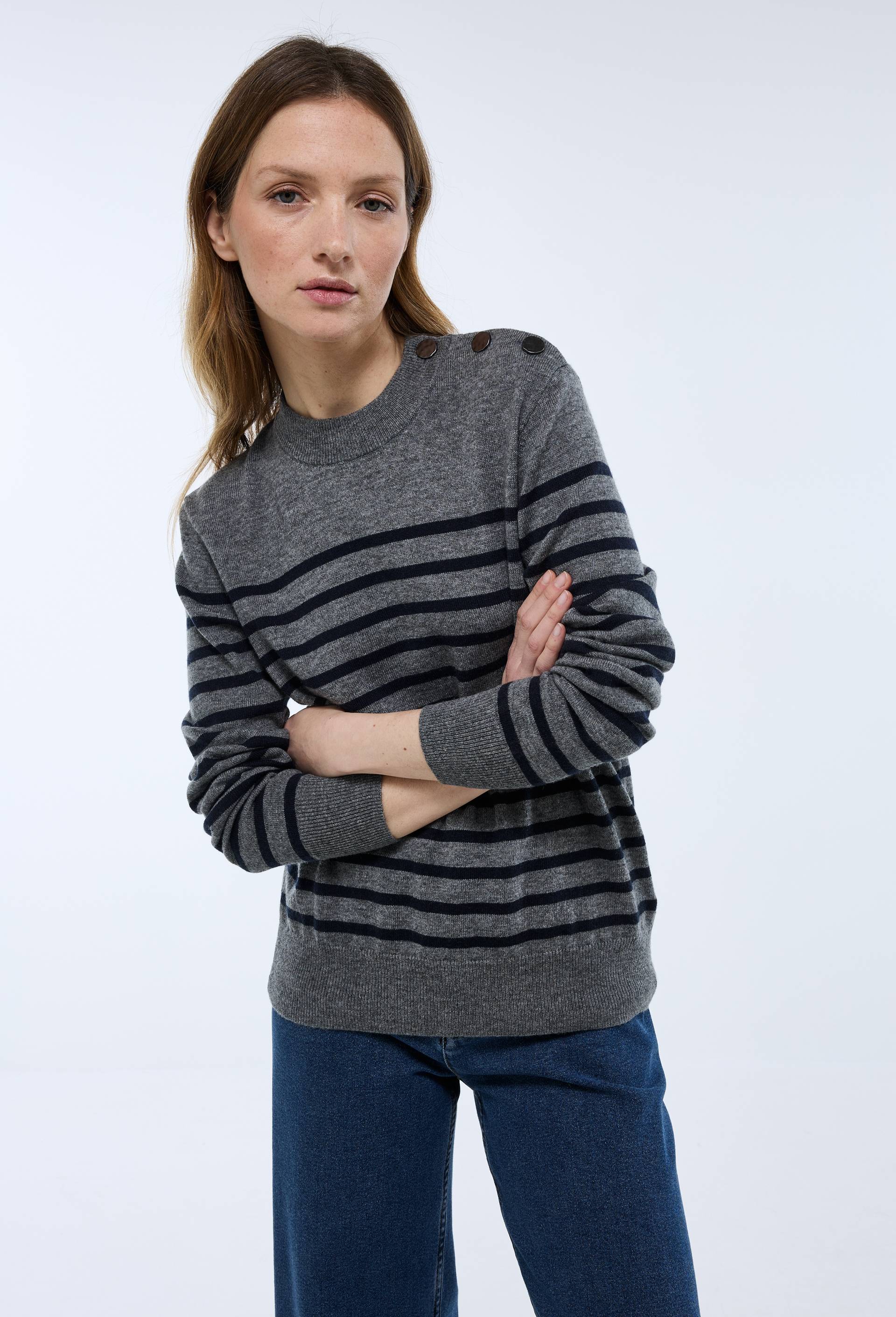 Marini&egrave;re col boutonn&eacute; contenant de la laine et du cachemire, Gris, swatch image
