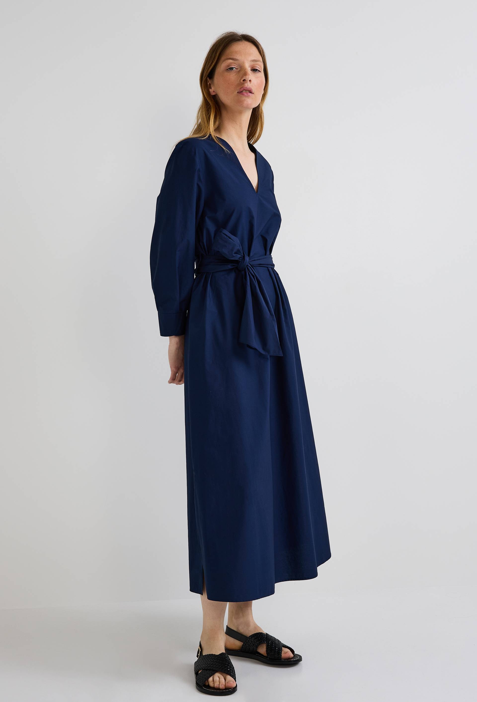 Robe midi col V unie, Bleu fonc&eacute;, large image number 0