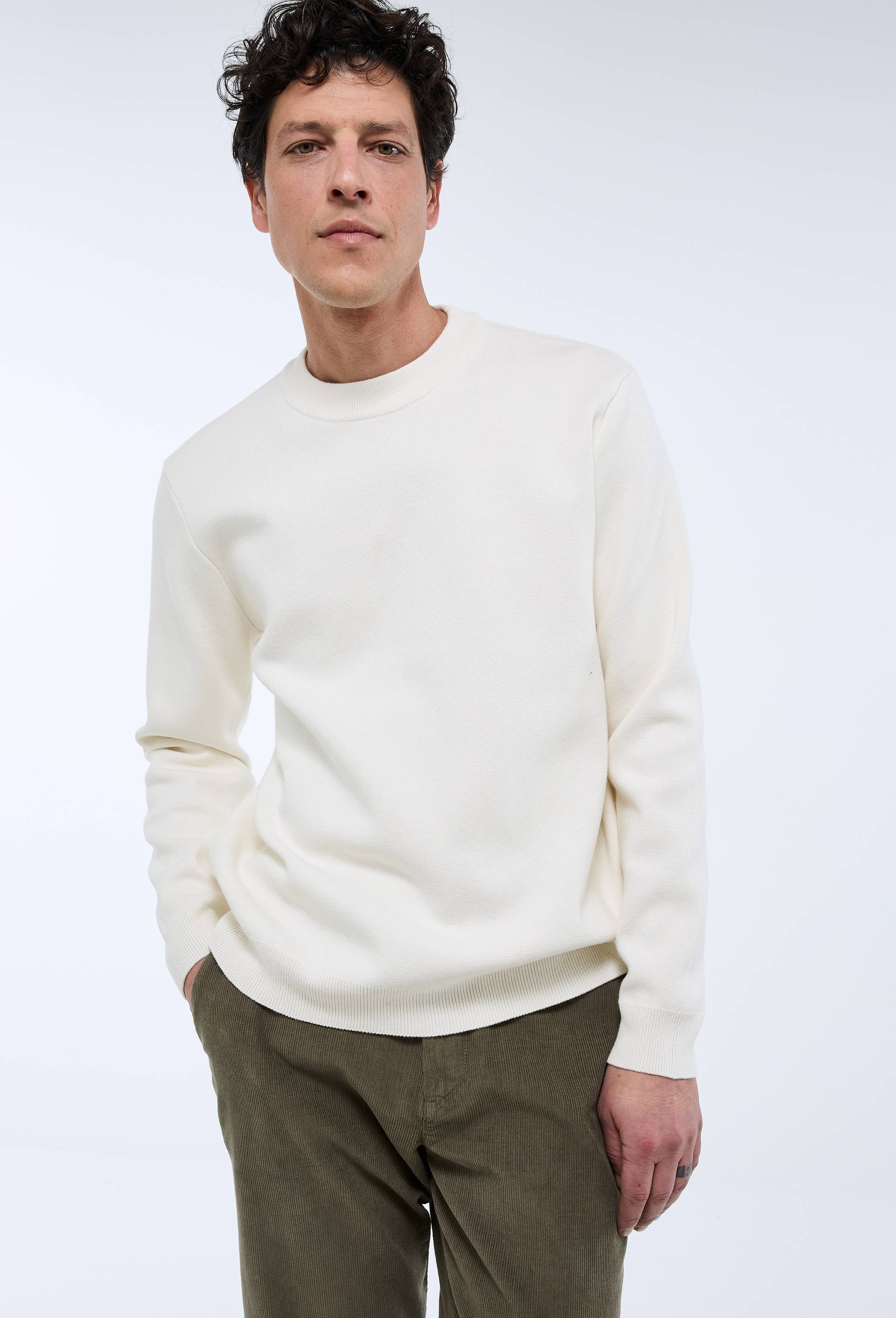 Pull col rond en m&eacute;lange coton et cachemire, Ecru, swatch image