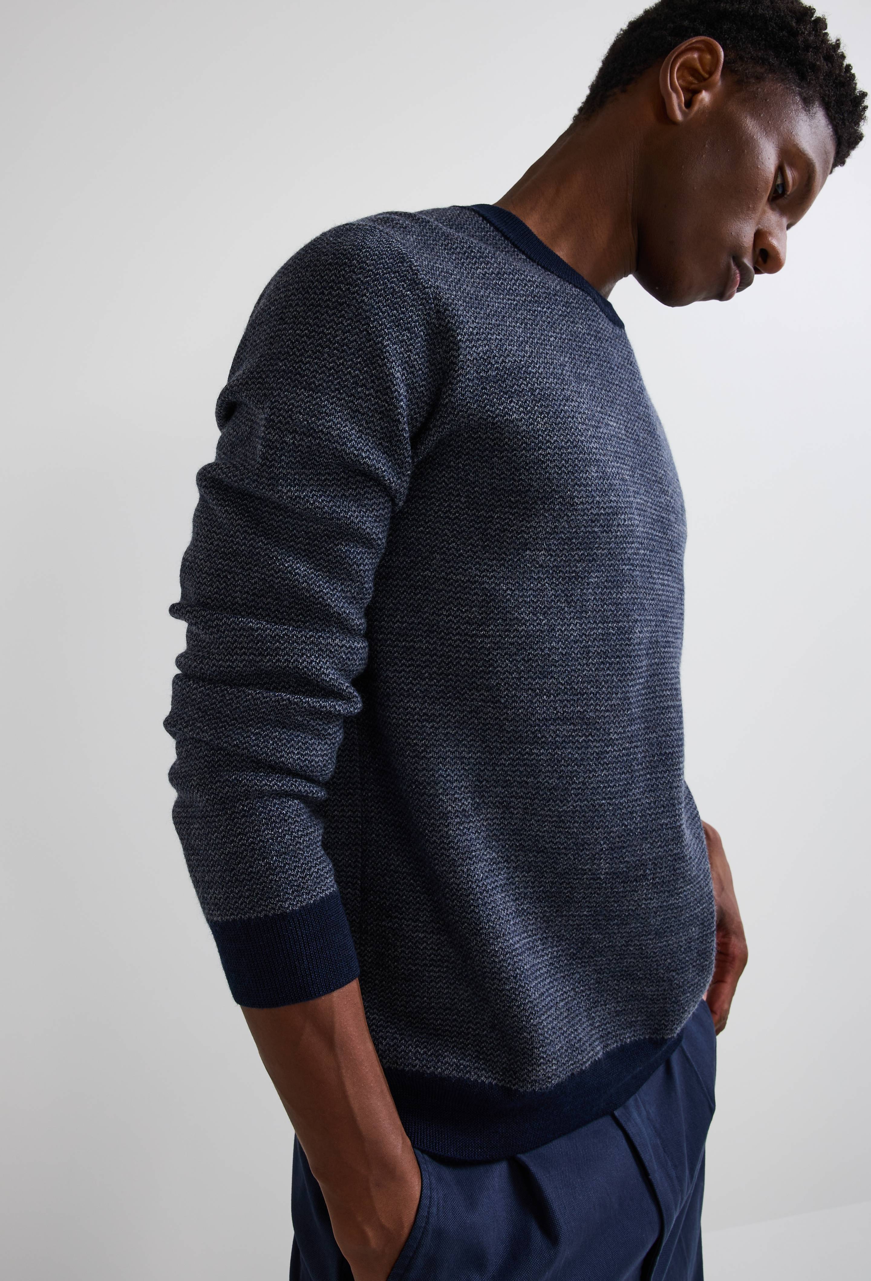 Pull col rond point fantaisie en laine, Bleu foncé, swatch image