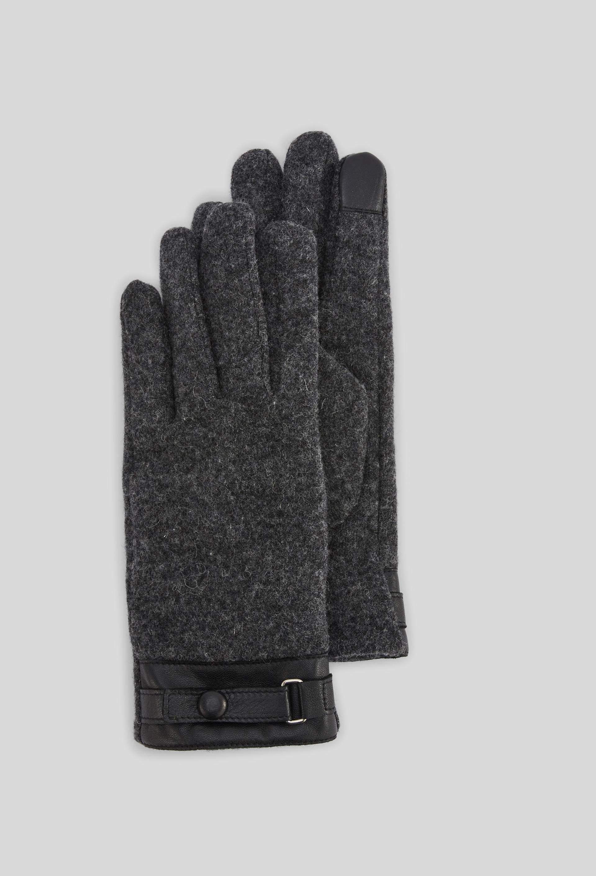 Gants tactiles bi-mati&egrave;re en cuir et laine, Gris fonc&eacute;, large image number 0