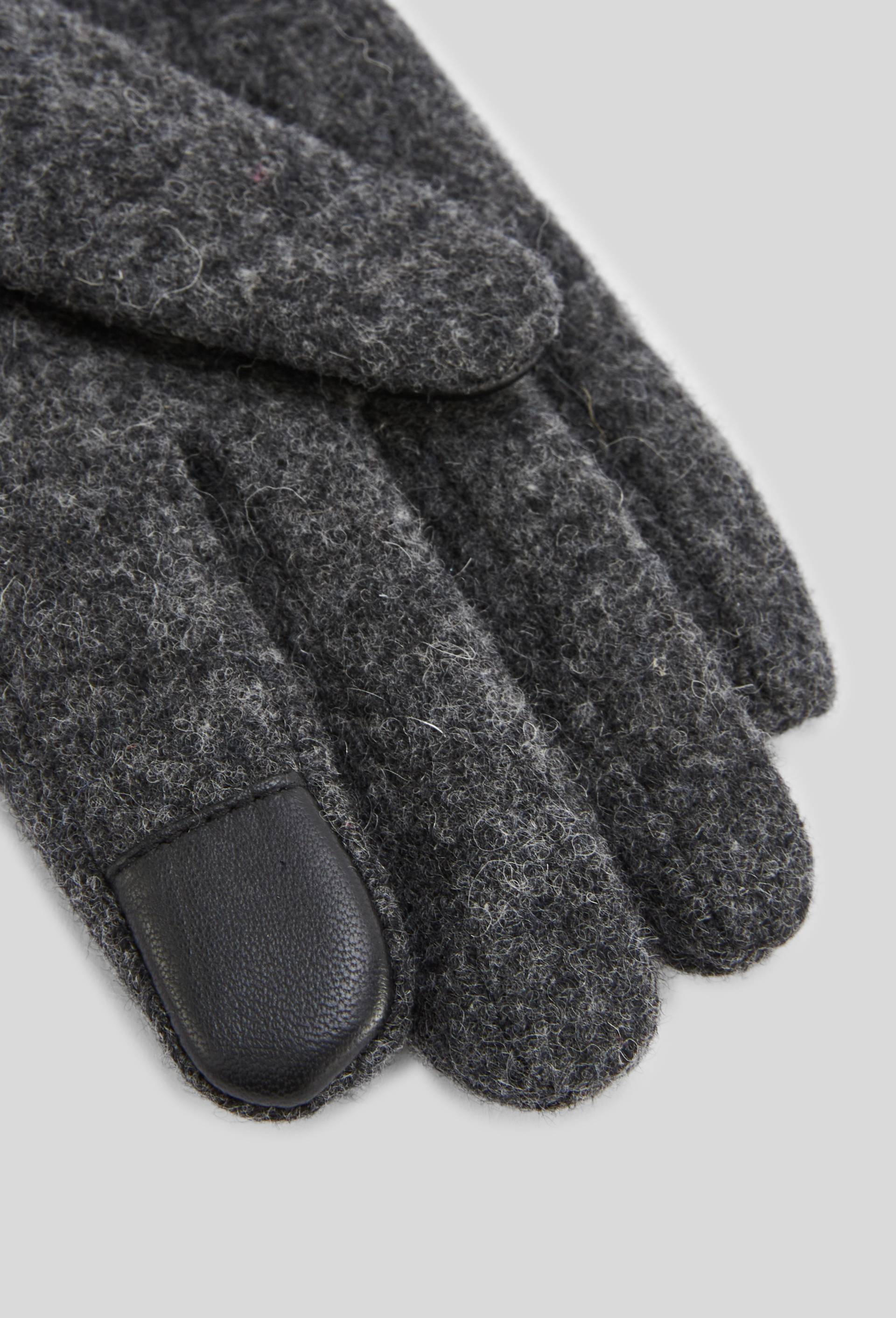 Gants tactiles bi-mati&egrave;re en cuir et laine, Gris fonc&eacute;, large image number 1