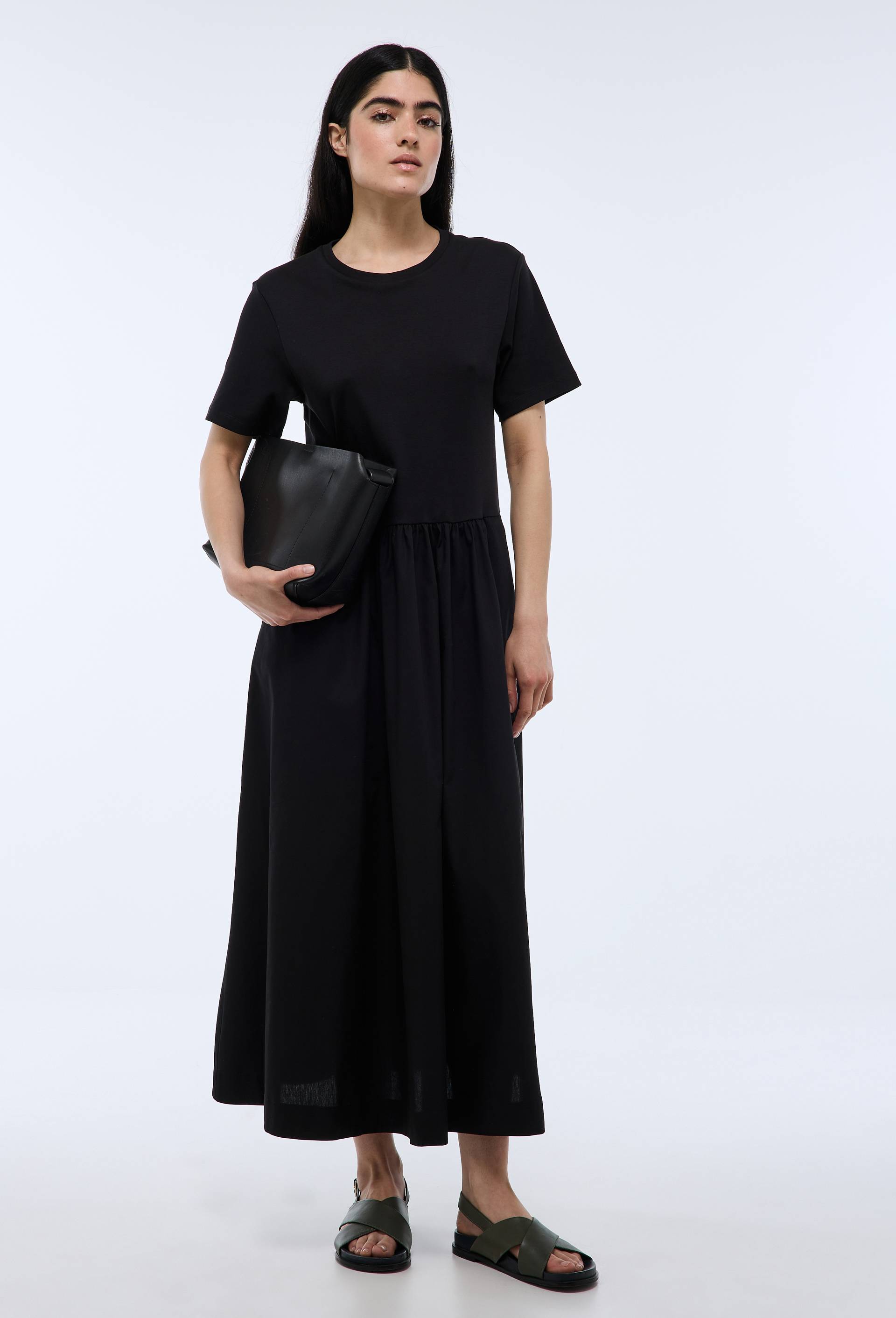 Robe longue bi-matière unie, Noir, swatch image
