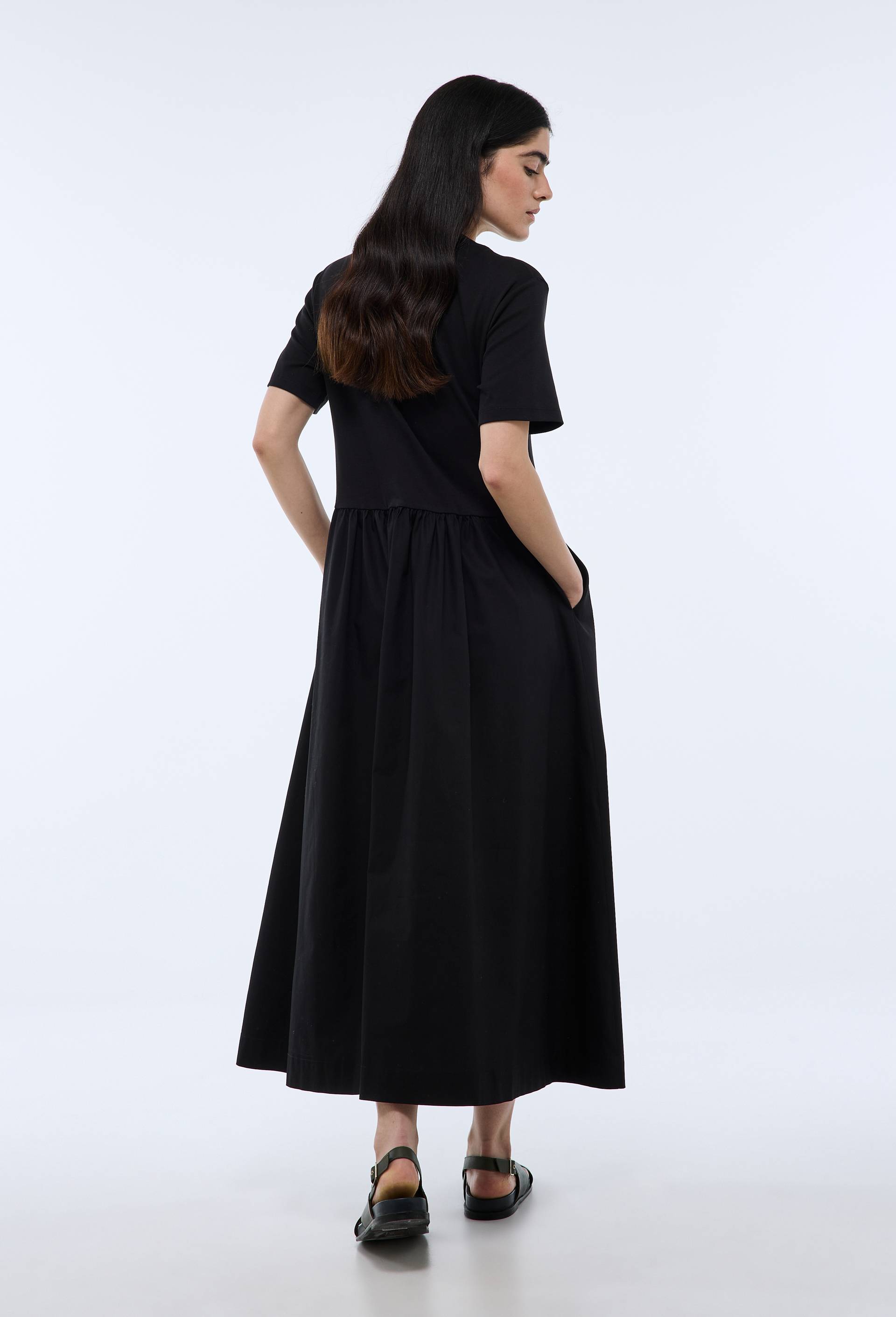Robe longue bi-mati&egrave;re unie, Noir, large image number 1