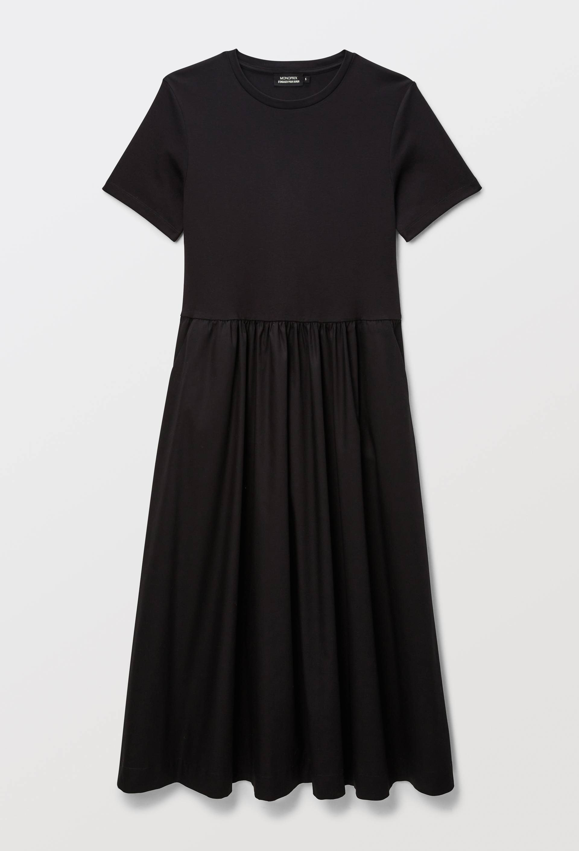 Robe longue bi-mati&egrave;re unie, Noir, large image number 2