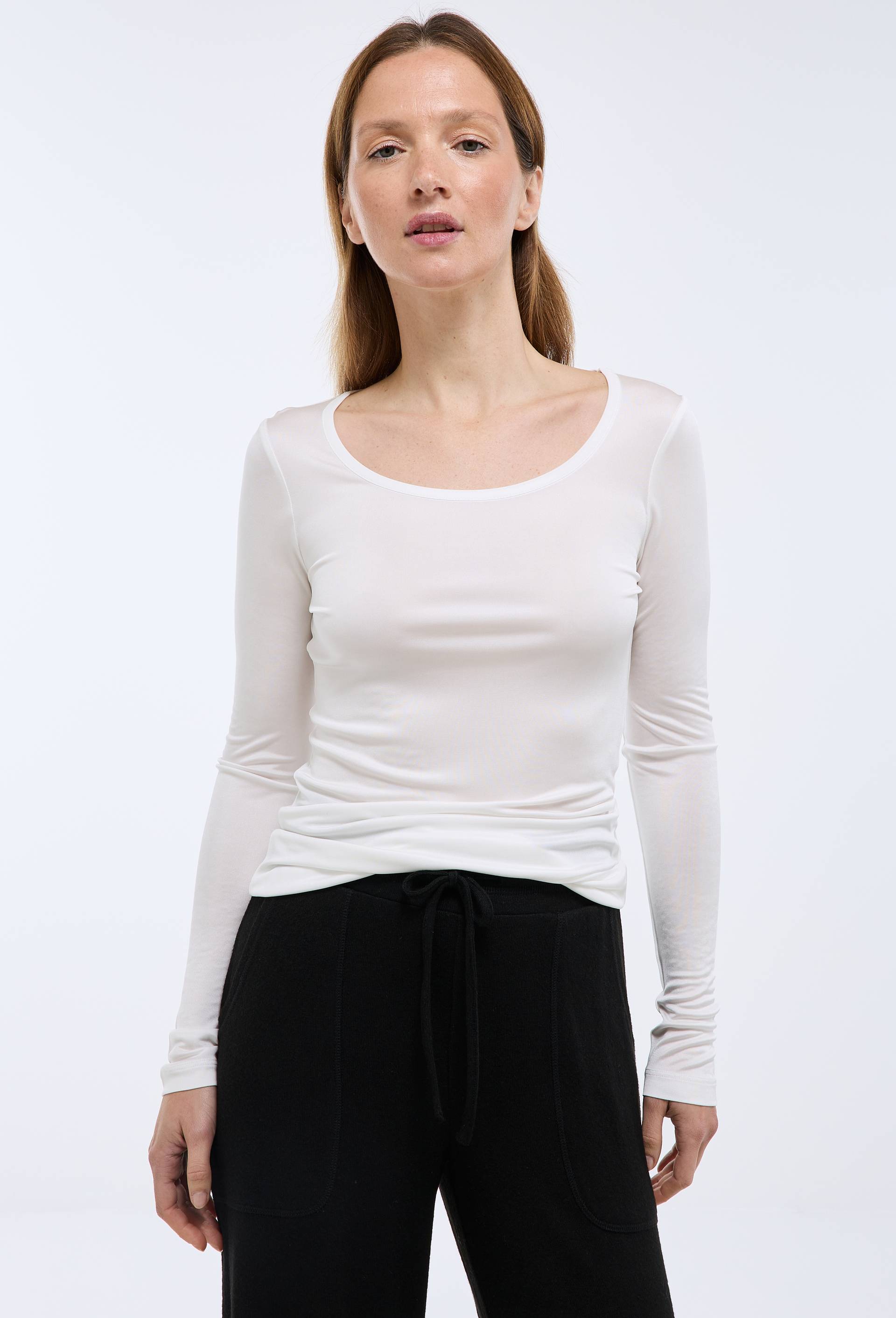 T-shirt manches longues en viscose et soie, Ecru, large image number 0