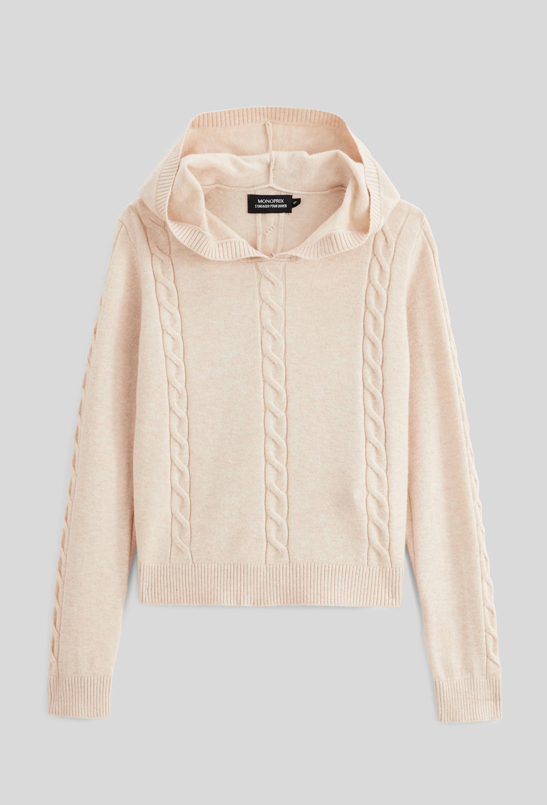 Sweat &agrave; capuche confort &agrave; motif torsad&eacute;, Beige, large image number 1