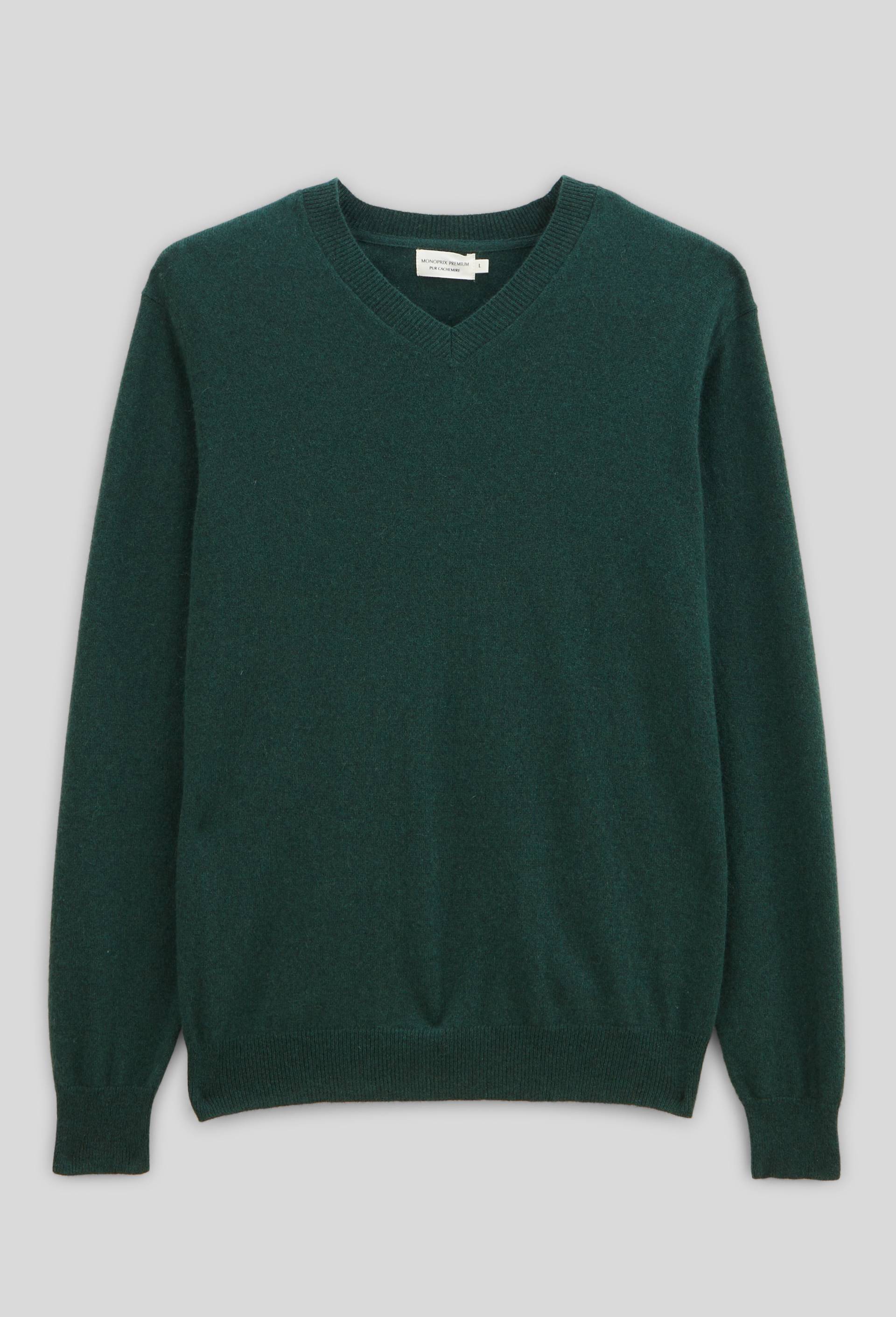 Pull col V en 100% cachemire, Vert fonc&eacute;, large image number 2