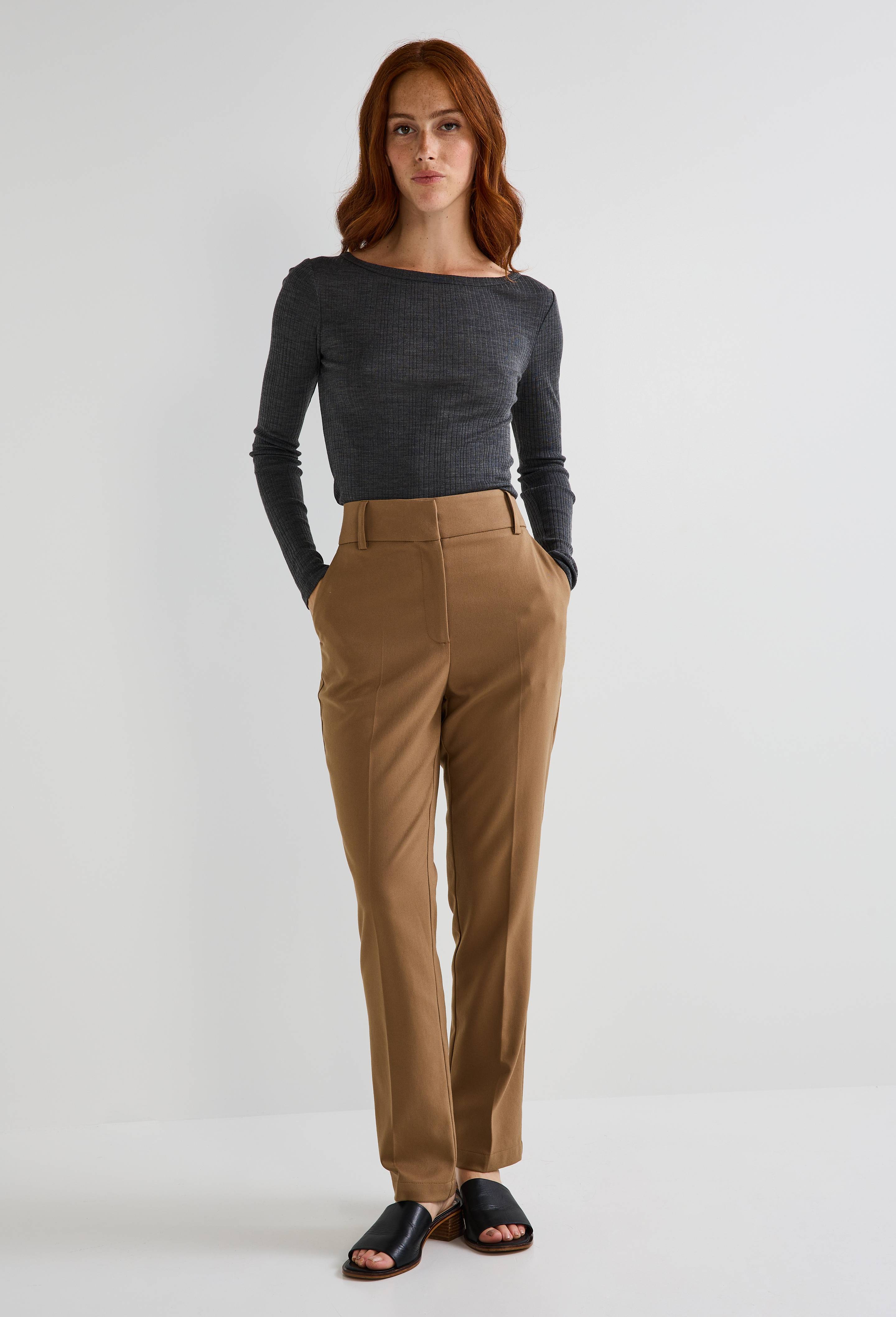 Pantalon droit uni avec pli cass&eacute;, Beige, large image number 0