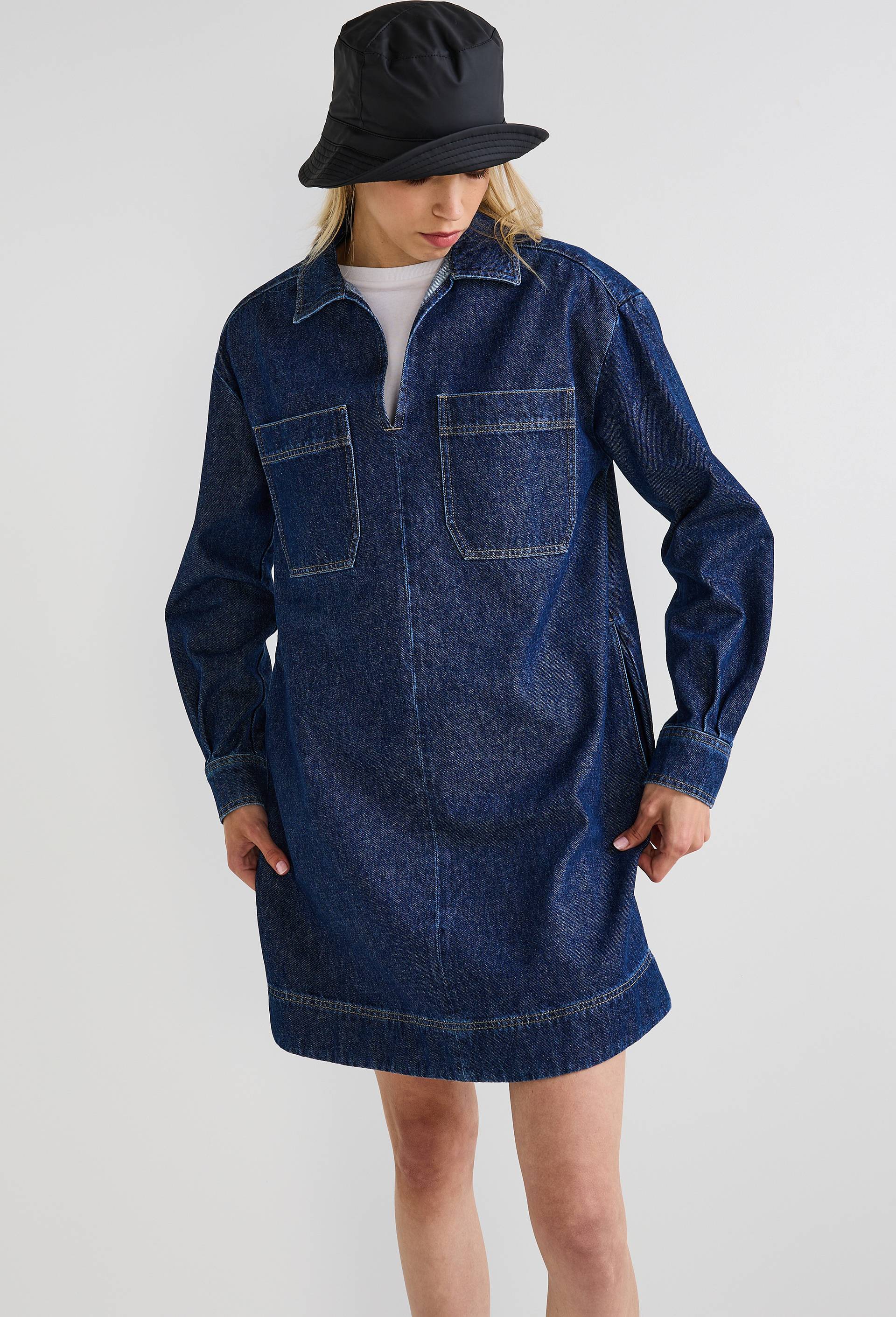 Robe courte denim en coton, Bleu foncé, swatch image