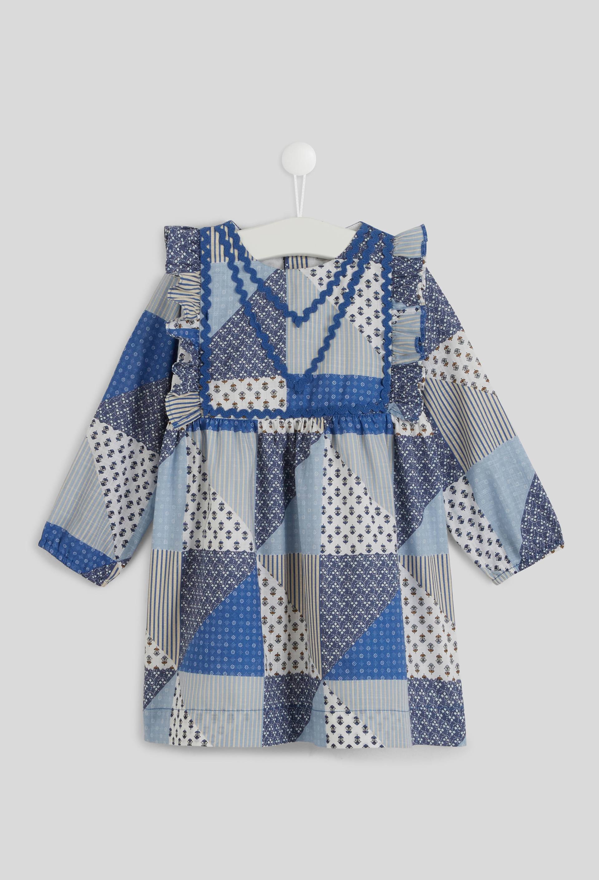 Robe manches longues col rond imprim&eacute; patchwork, certifi&eacute; OEKO-TEX, Bleu, large image number 0
