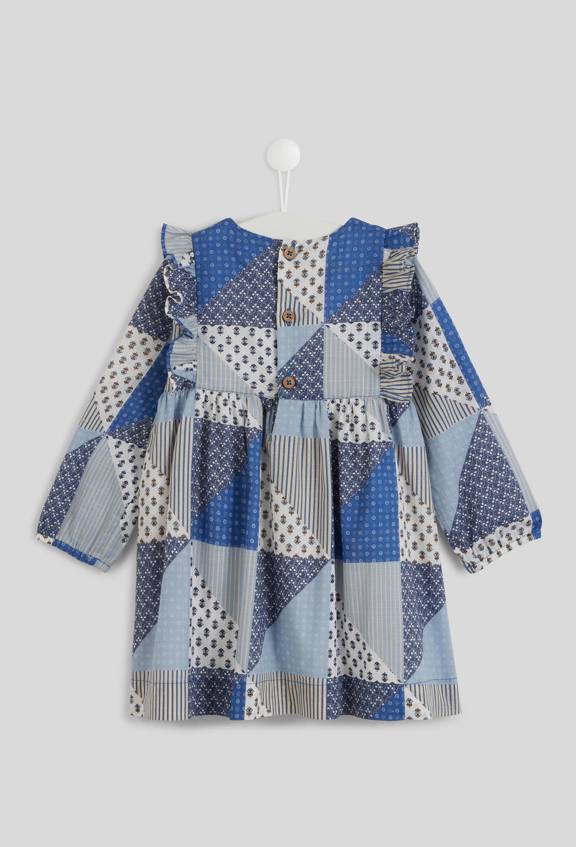 Robe manches longues col rond imprim&eacute; patchwork, certifi&eacute; OEKO-TEX, Bleu, large image number 1