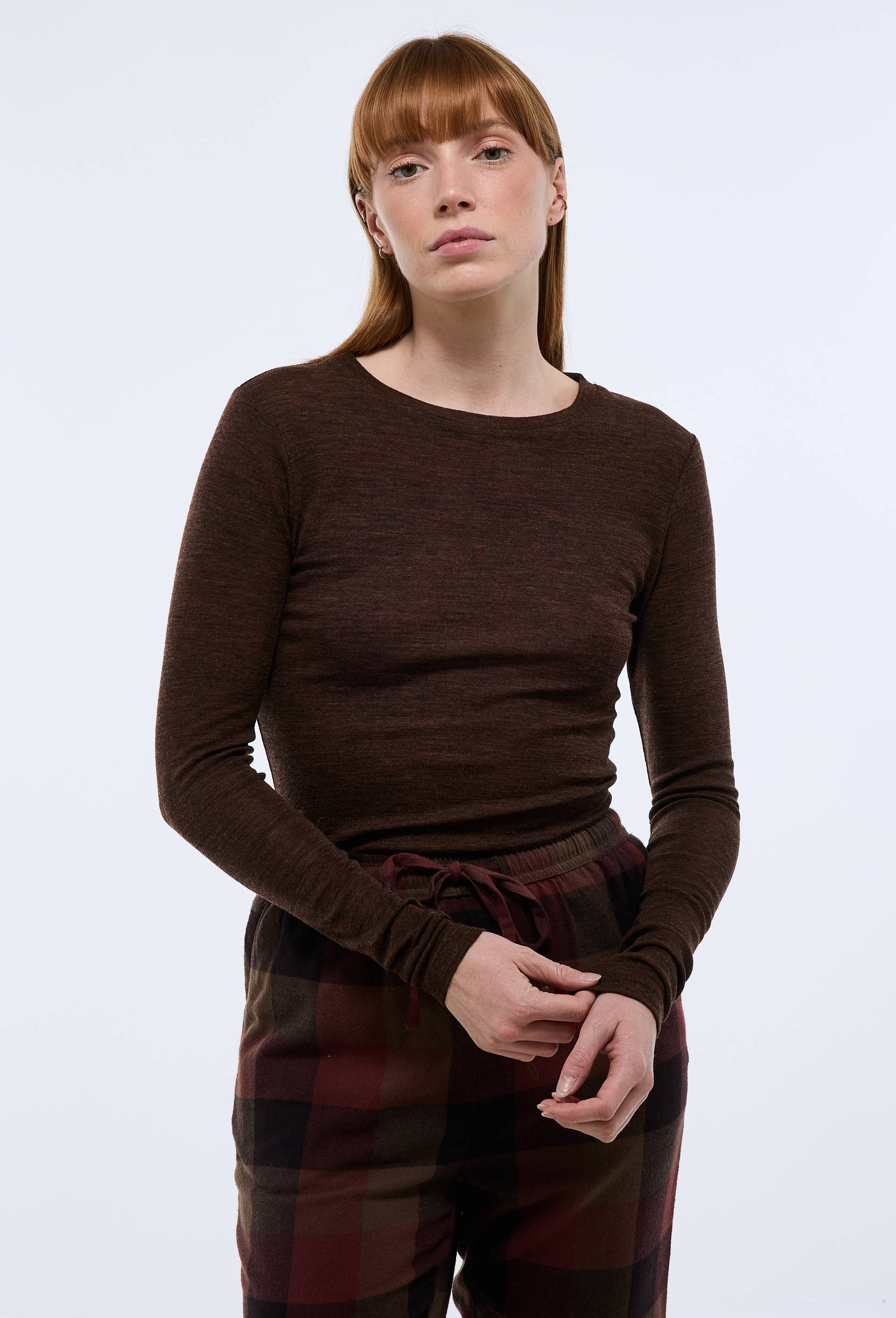 T-shirt manches longues en laine m&eacute;rinos, Brun fonc&eacute;, swatch image