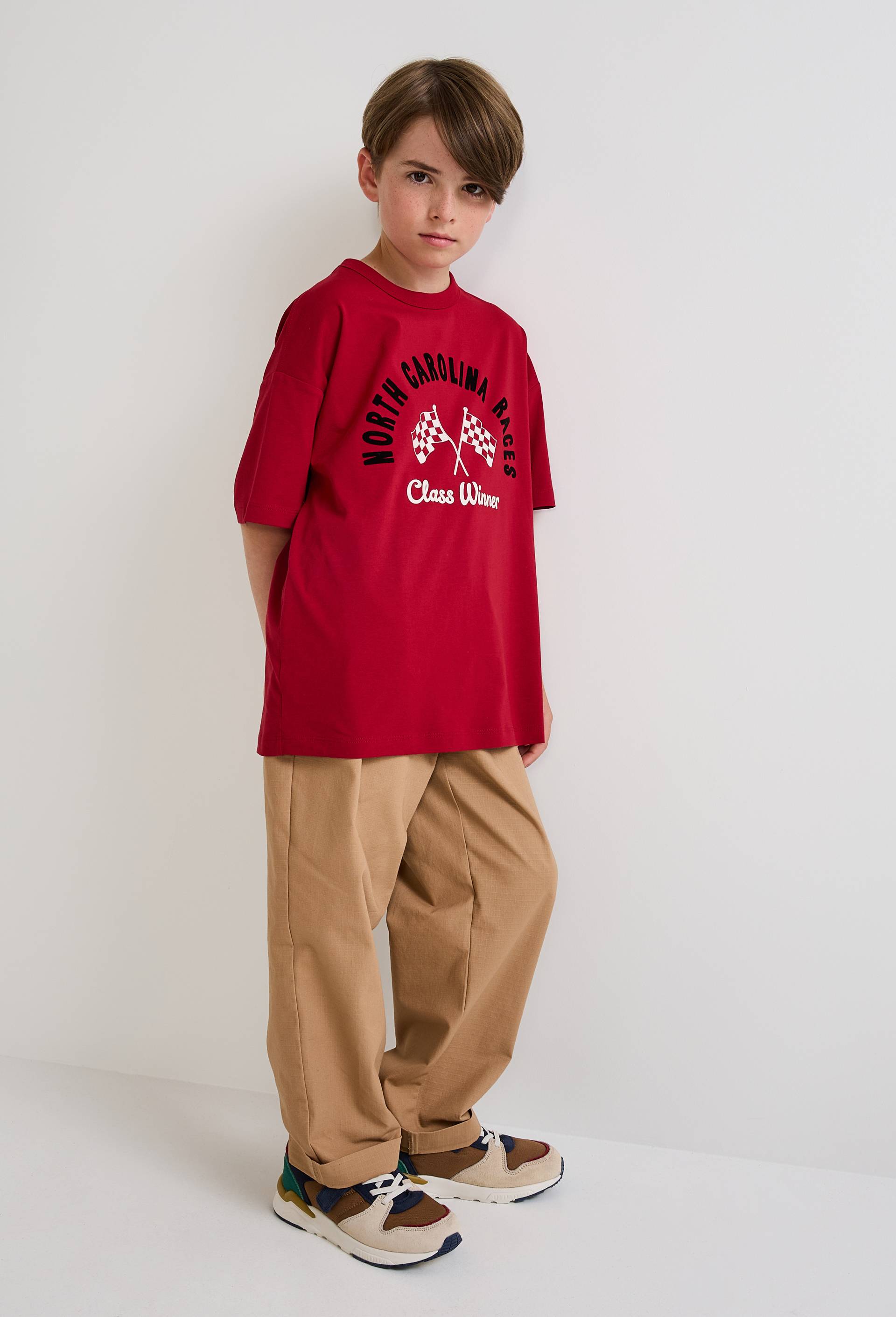 T-shirt manches courtes teint avec effet vintage en coton BIO, Rouge, large image number 1