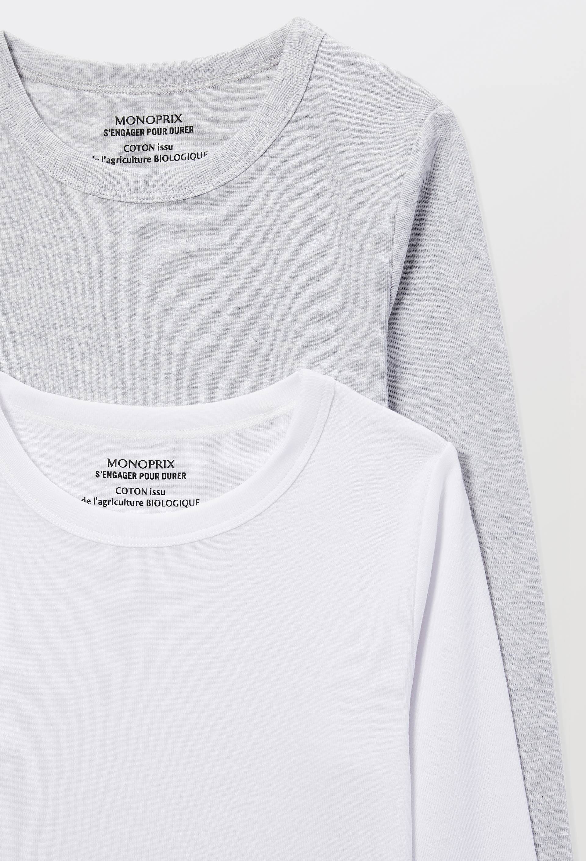 Lot de 2 t-shirts manches longues unis en coton BIO GOTS, Blanc, large image number 2.0