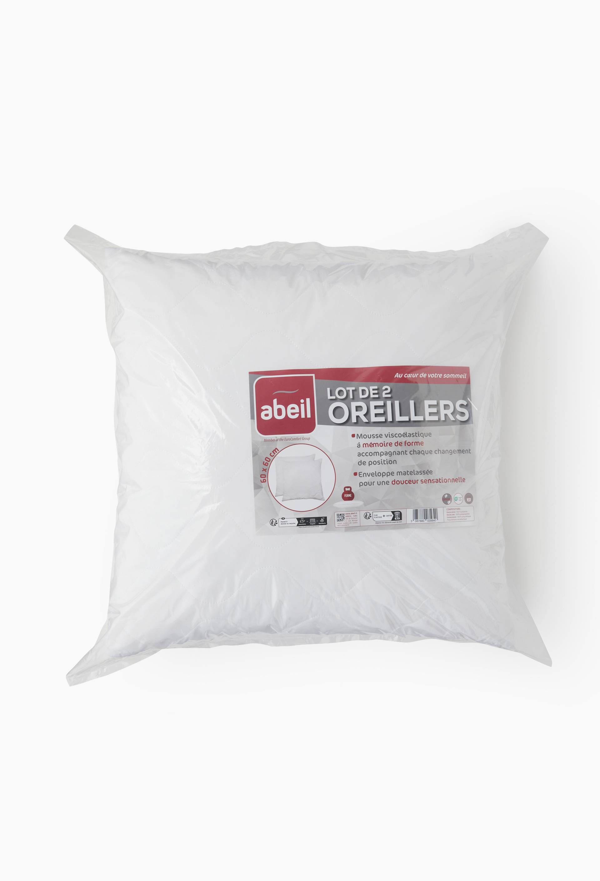 Lot de 2 oreillers carr&eacute;s matelass&eacute;s m&eacute;moire de forme  60x60cm,  COLAS NORMAND, Blanc, large image number 1.0
