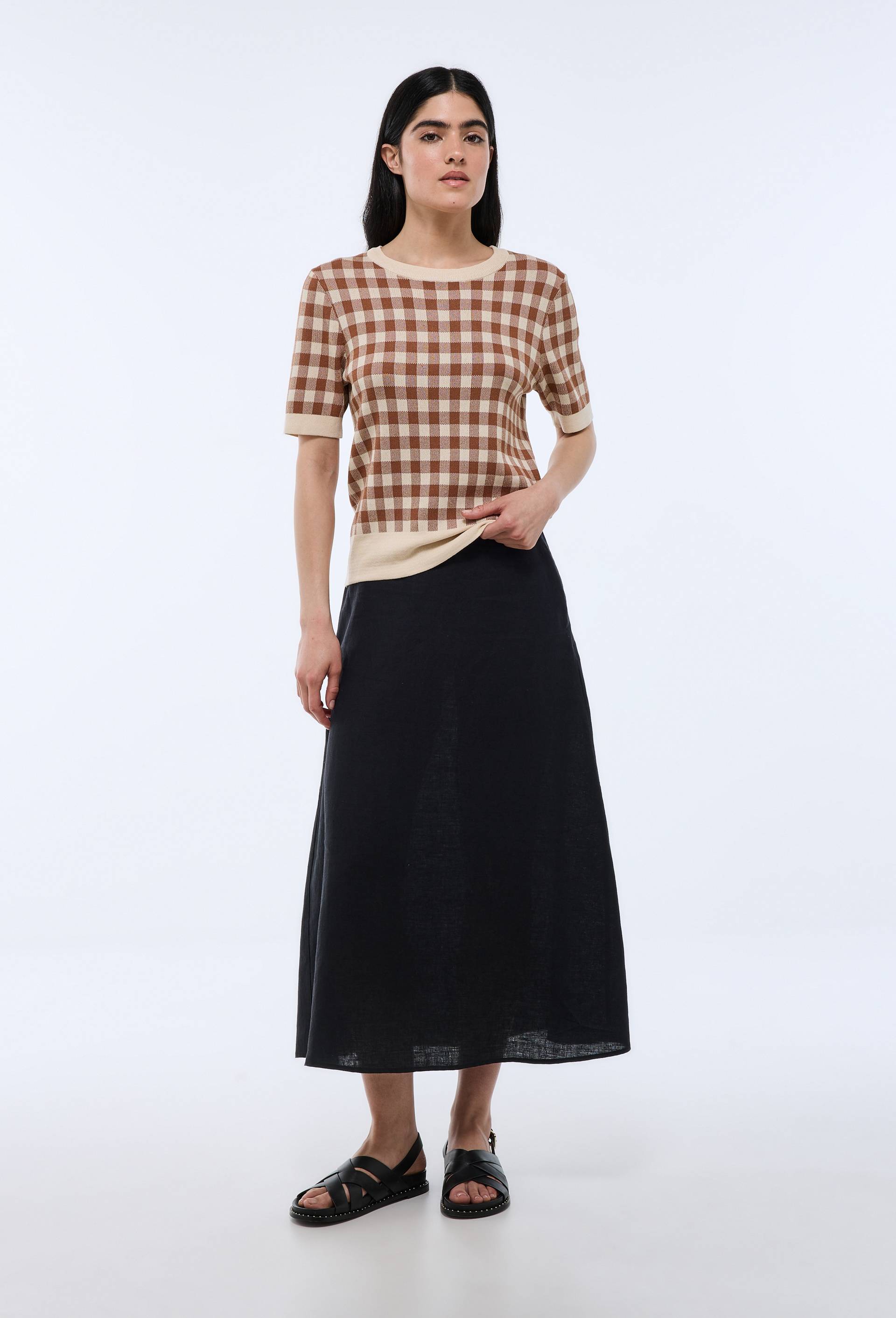 Pull manches courtes motif vichy, Brun, swatch image