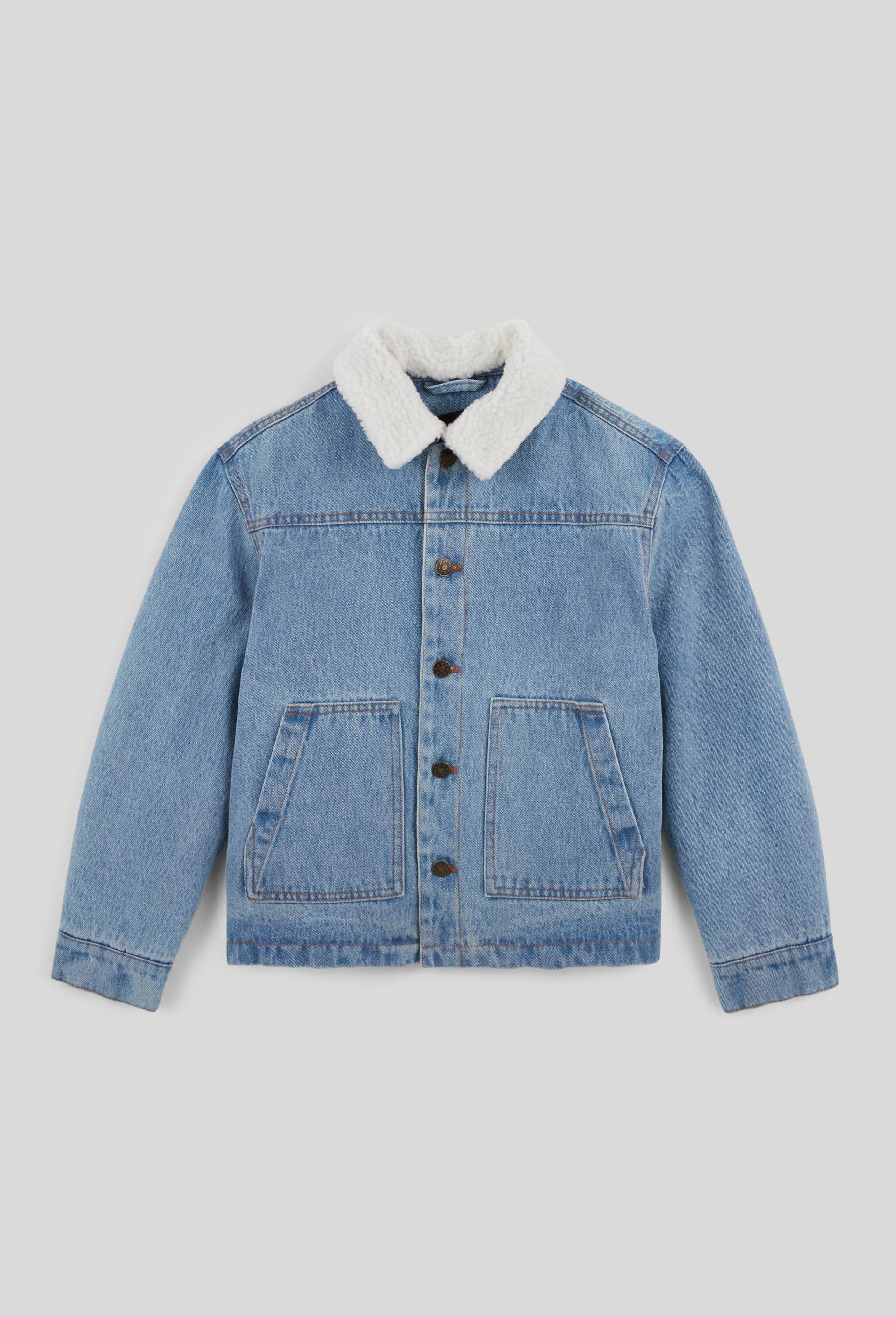 Veste en jean col et doublure en sherpa en coton, Bleu, large image number 0.0