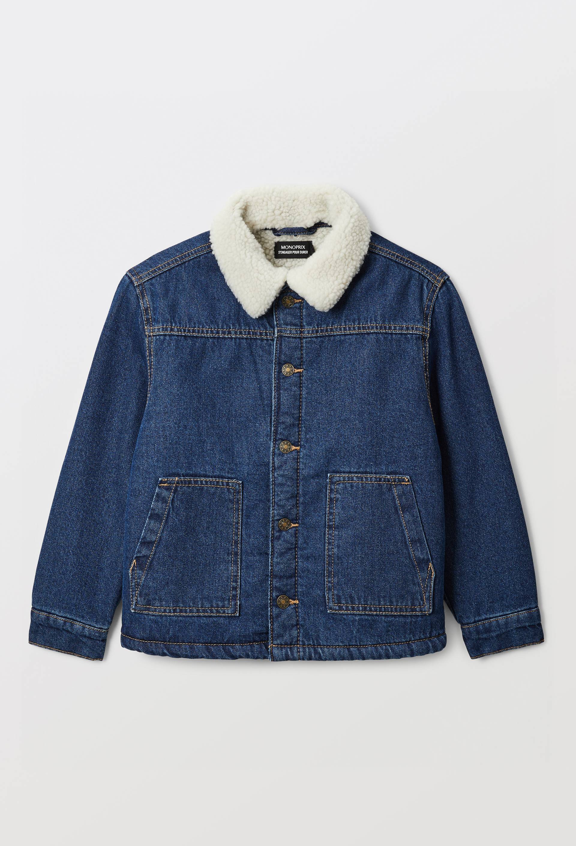 Veste en jean col et doublure en sherpa en coton, Bleu, large image number 1