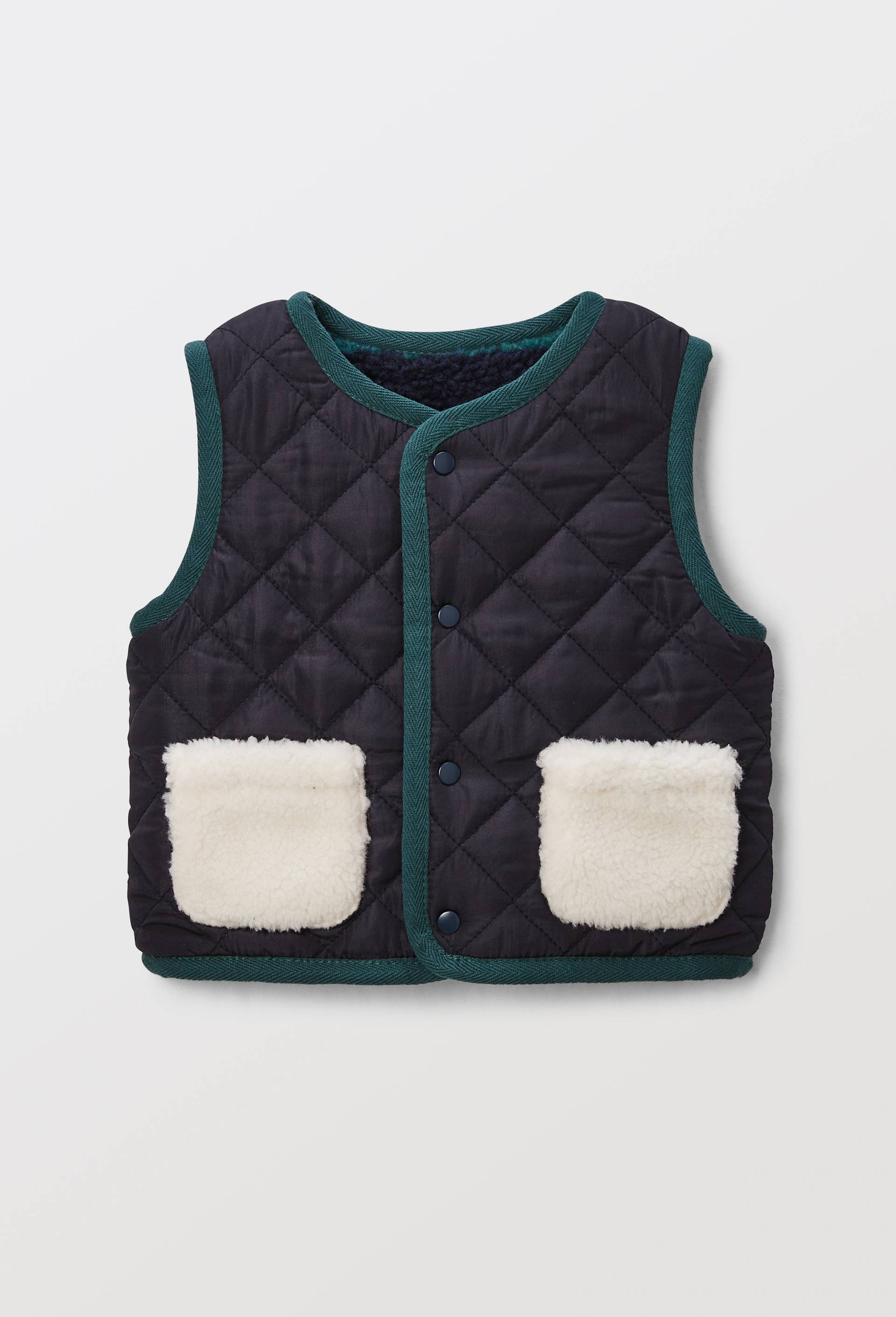 Gilet sans manches r&eacute;versible ray&eacute; et uni en sherpa, Vert fonc&eacute;, large image number 0