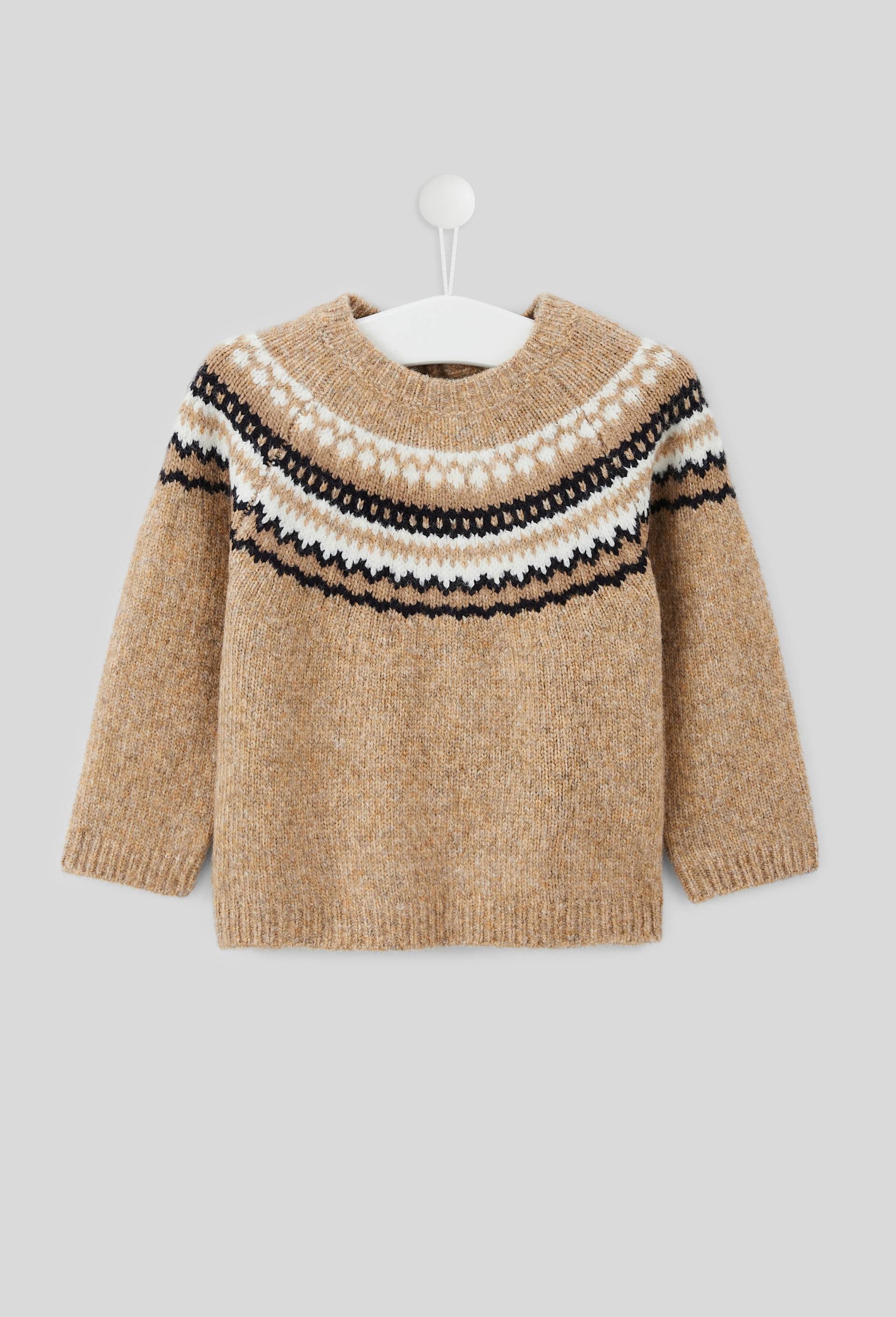 Pull manches longues col rond jacquard, certifi&eacute; OEKO-TEX, Beige, swatch image