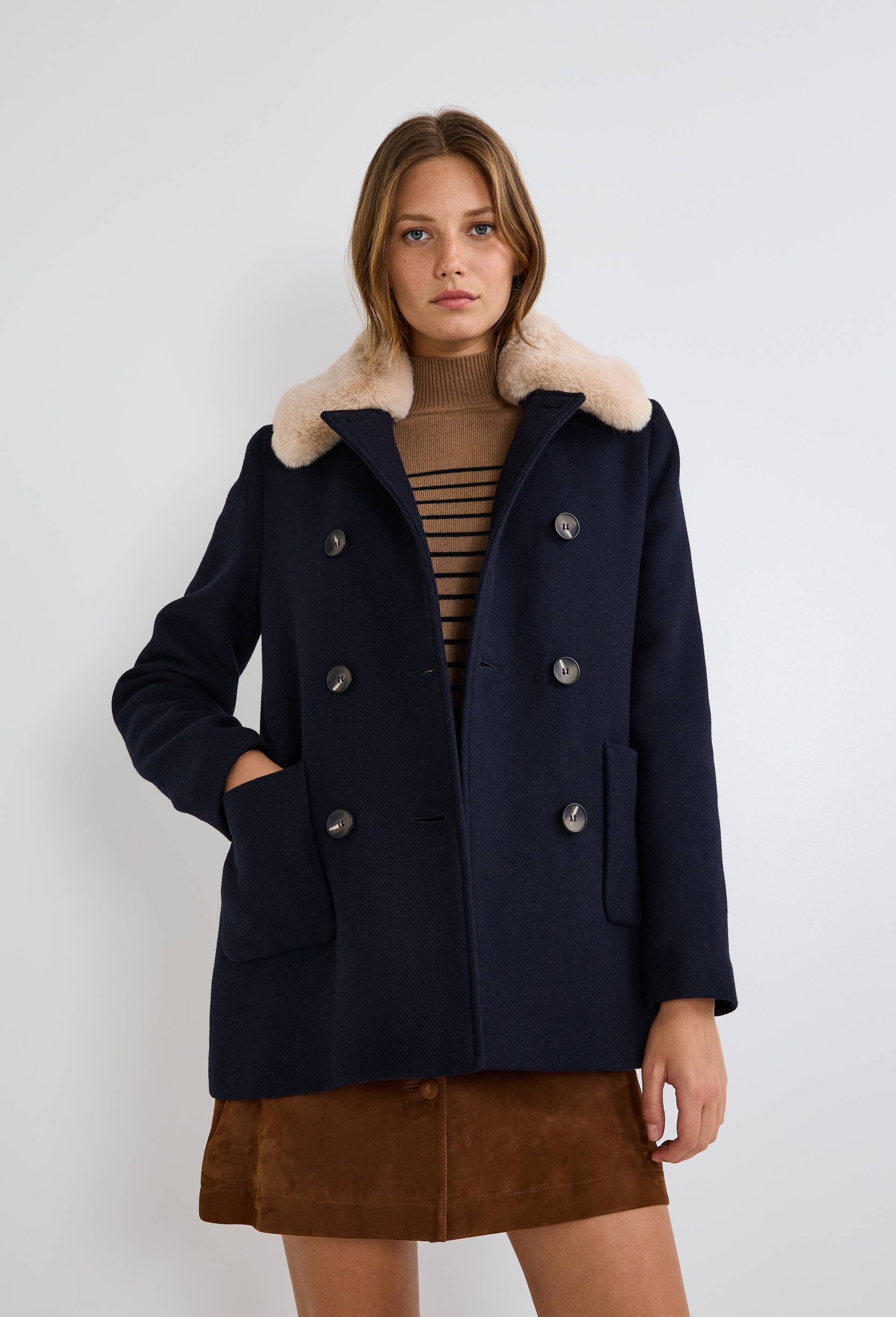 Manteau double boutonnage col amovible contenant de la laine, Bleu fonc&eacute;, large image number 0
