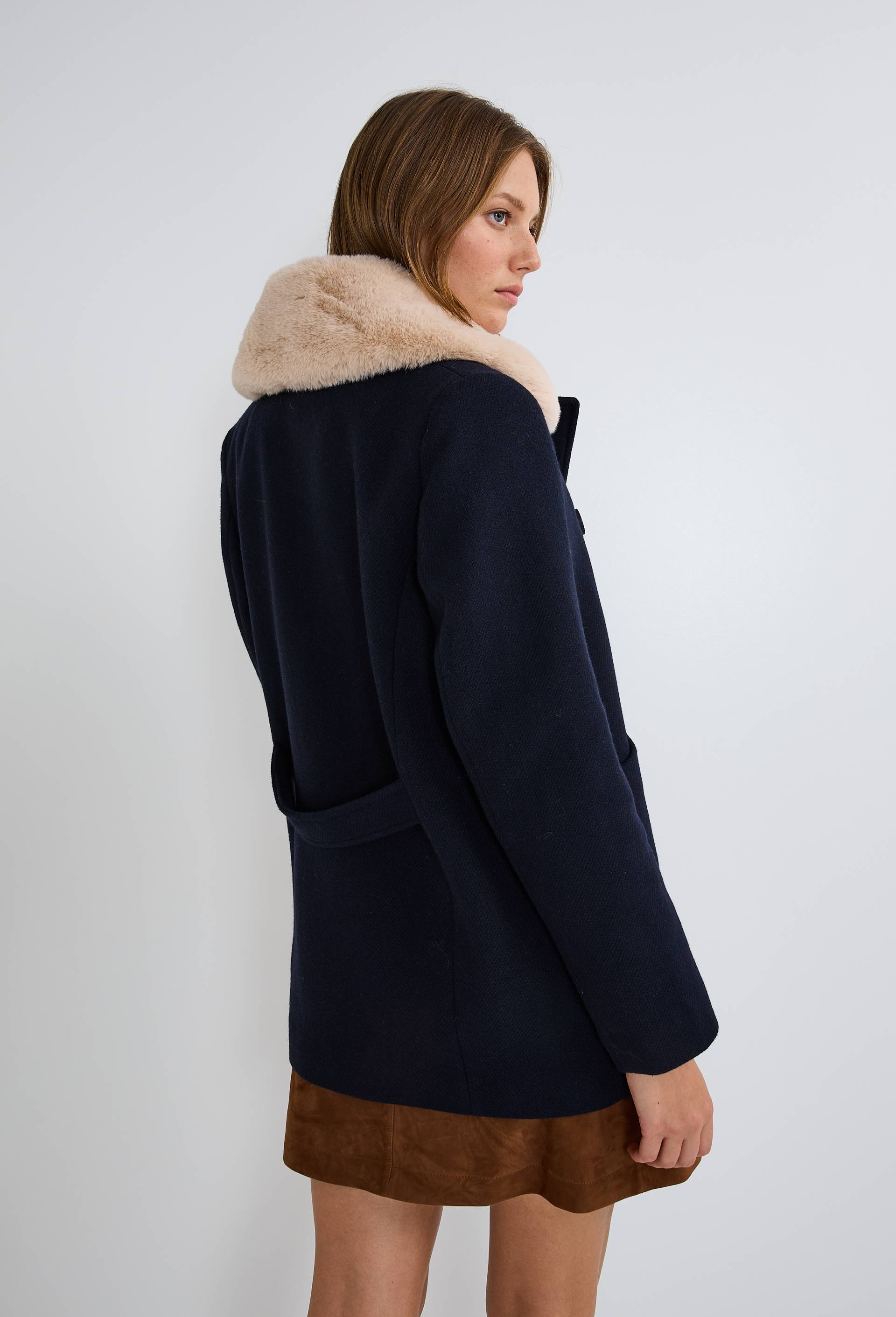 Manteau double boutonnage col amovible contenant de la laine, Bleu fonc&eacute;, large image number 1.0