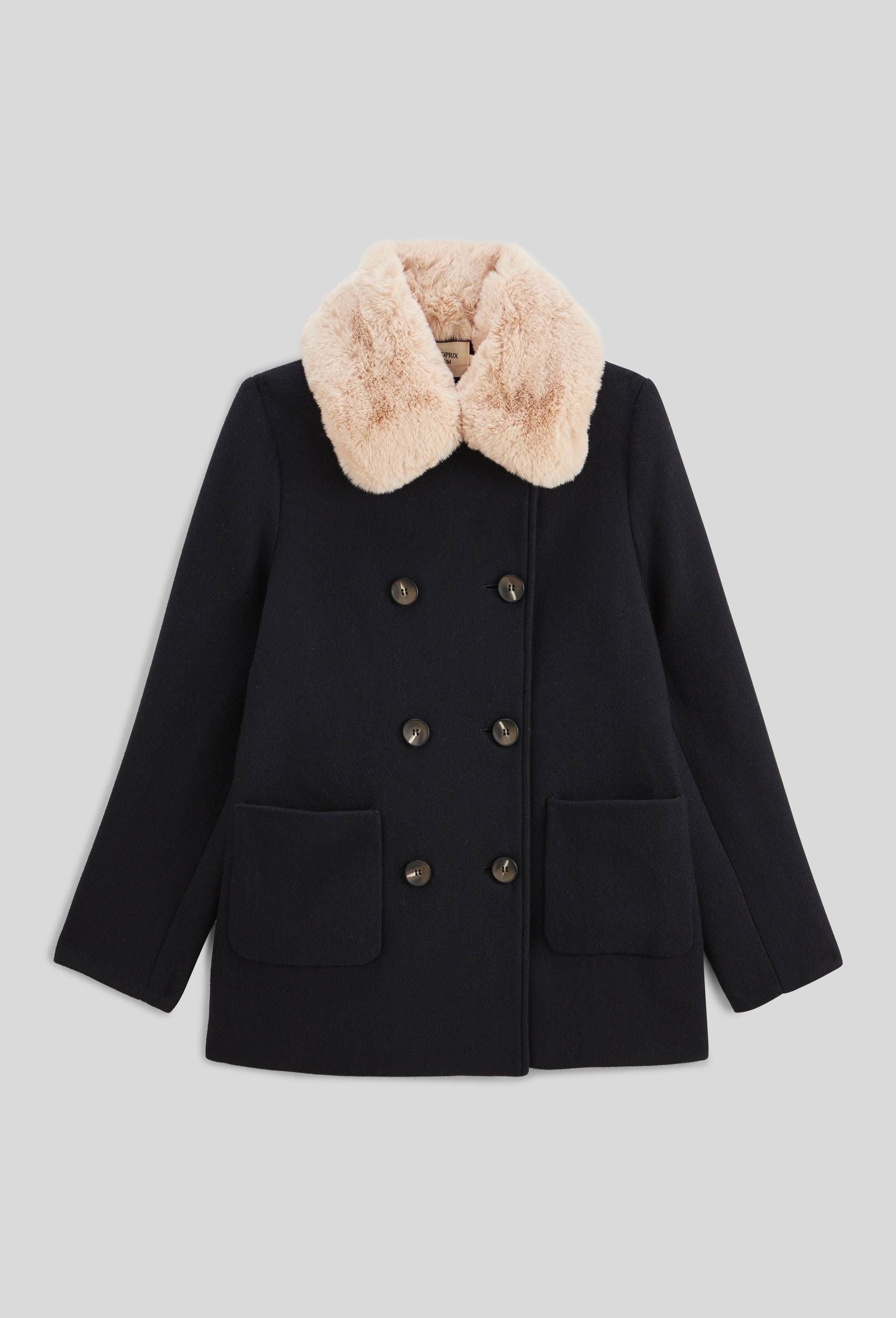 Manteau double boutonnage col amovible contenant de la laine, Bleu fonc&eacute;, large image number 2