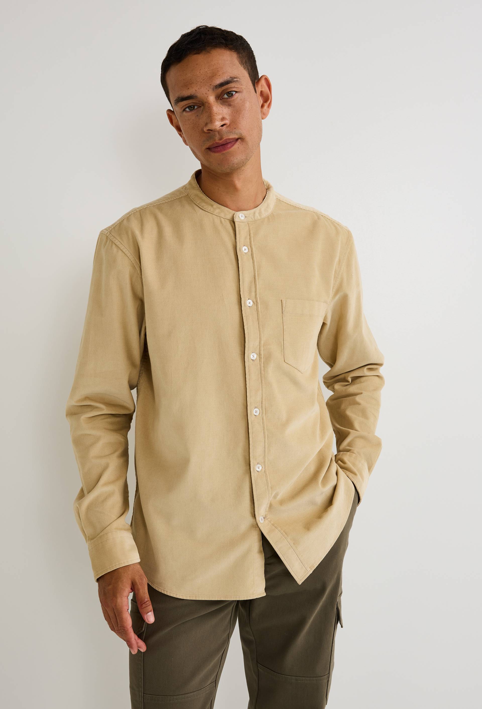 Chemise col mao en velours en coton BIO, Beige, large image number 0
