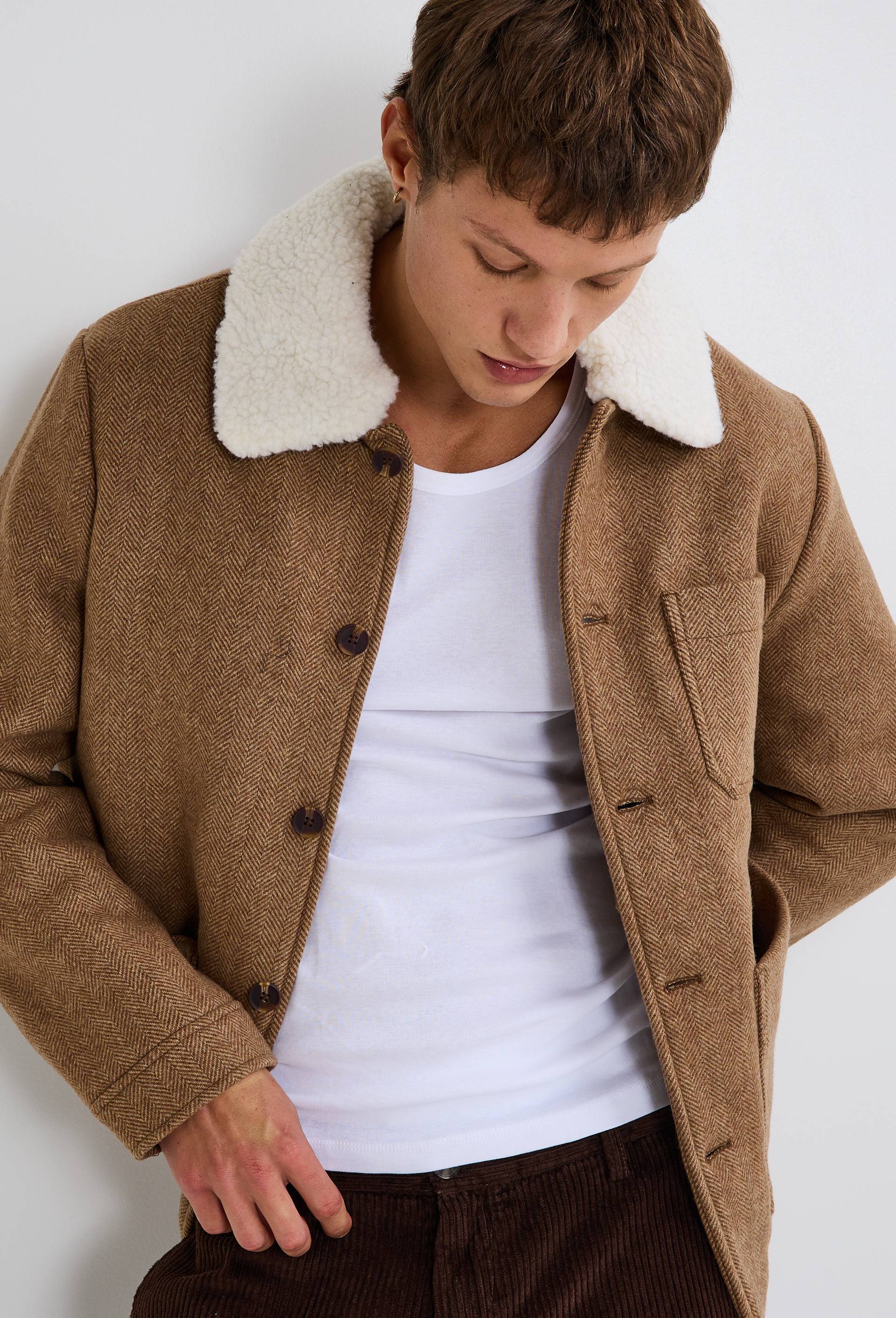 Veste col sherpa contenant de la laine &agrave; chevrons, Beige, large image number 3