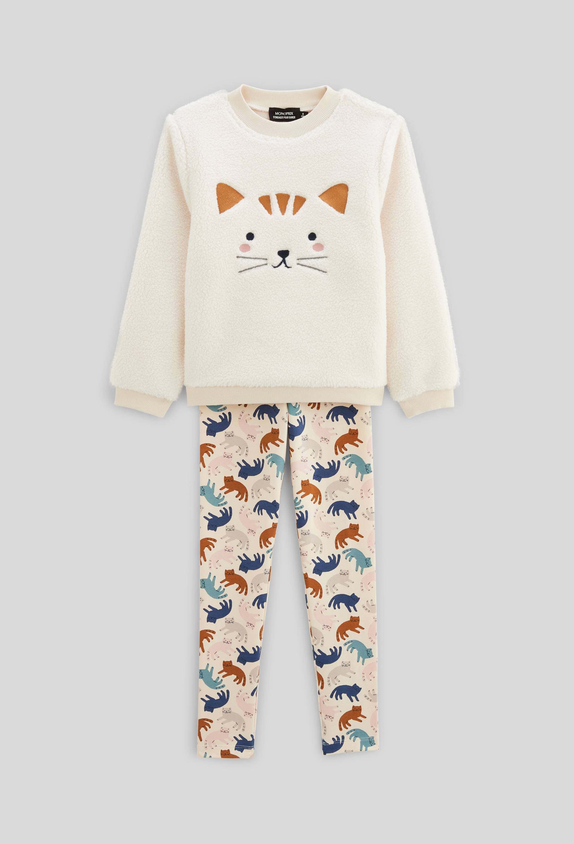 Pyjama manches longues effet sherpa avec broderie en coton, Beige clair, large image number 1